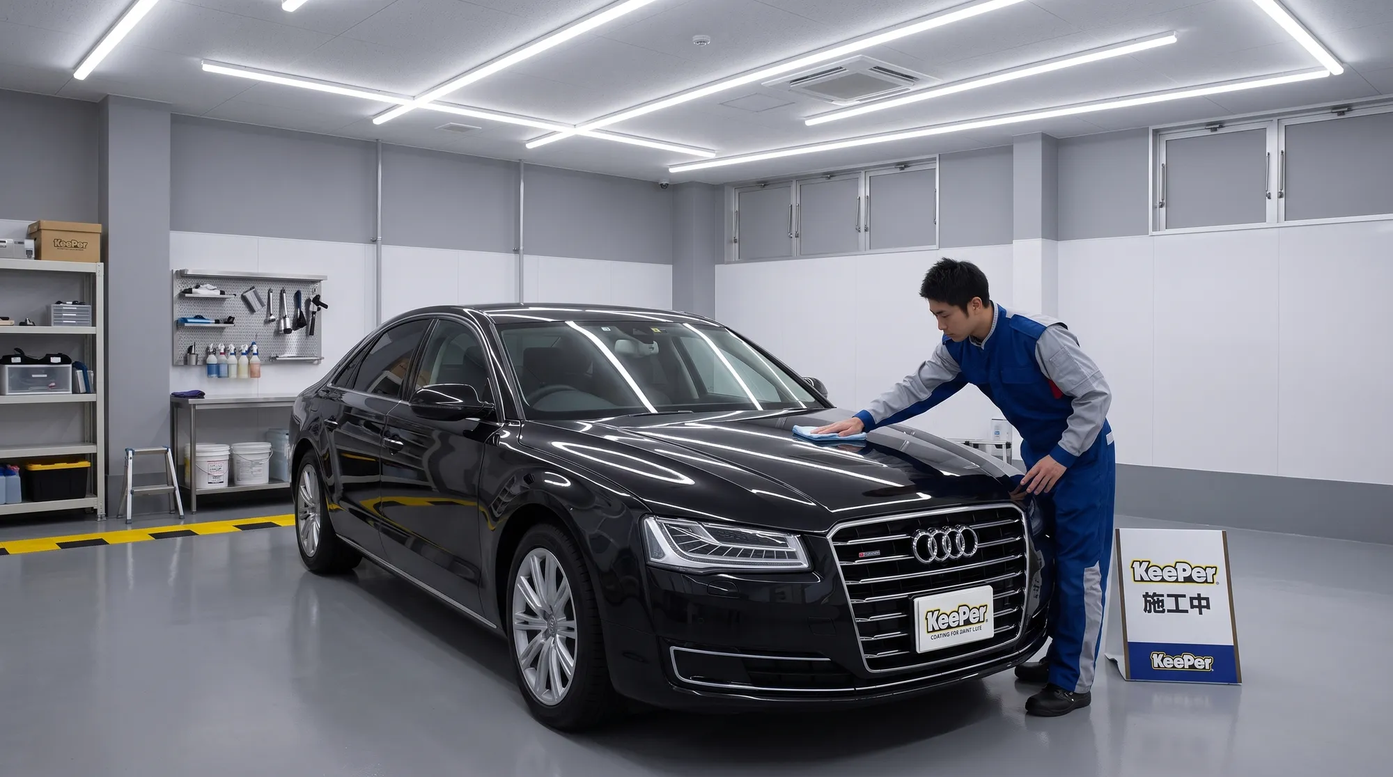 清潔な屋内施工ブースで、スタッフが黒い車のボディを丁寧に手作業で磨き上げている様子。天井の明るい照明が、鏡のように仕上がった車体に美しく反射しています。