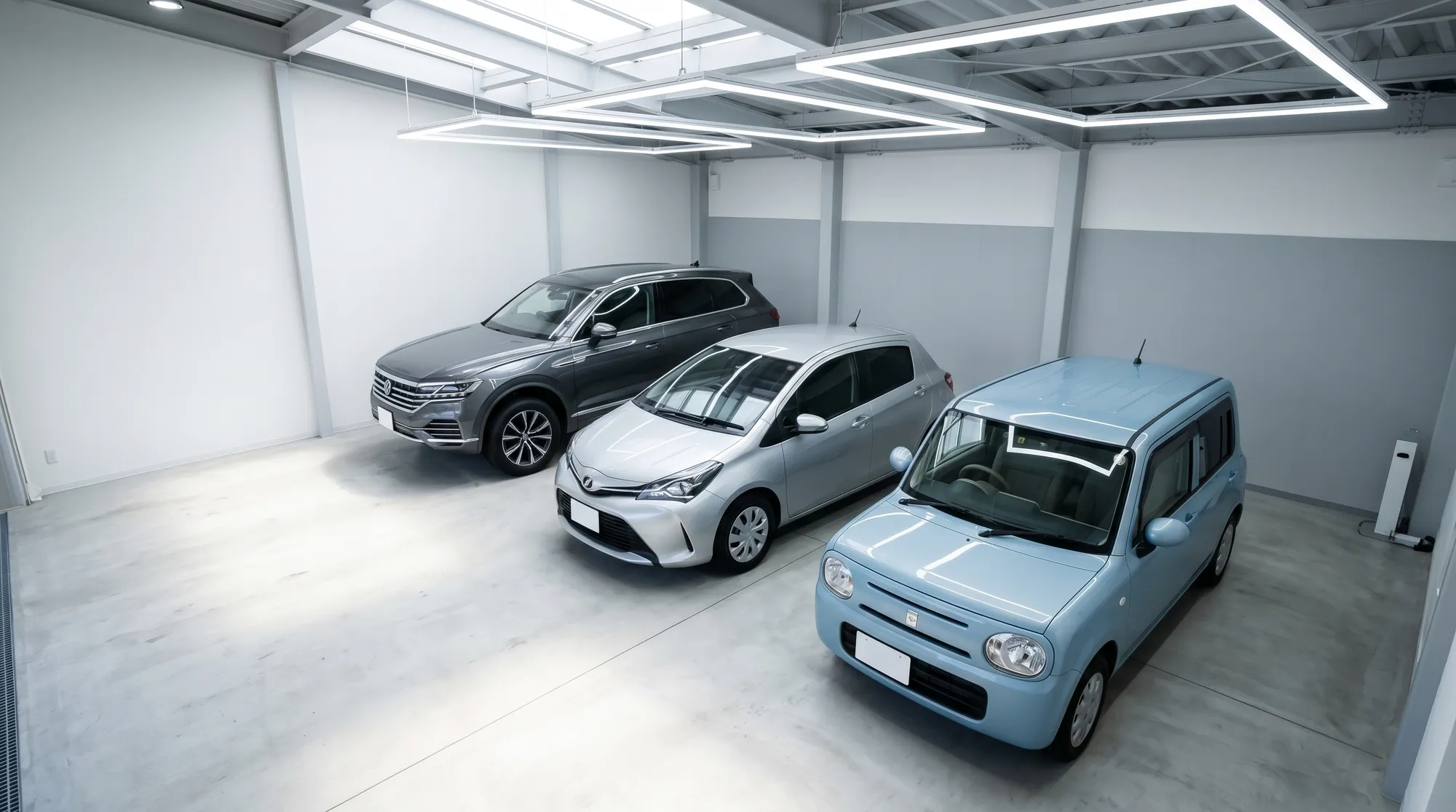 広々とした清潔な屋内のスタジオに、手前から軽自動車、コンパクトカー、大型SUVとサイズの異なる3台の車が綺麗に並んで駐車されている斜め上からの俯瞰シーン。