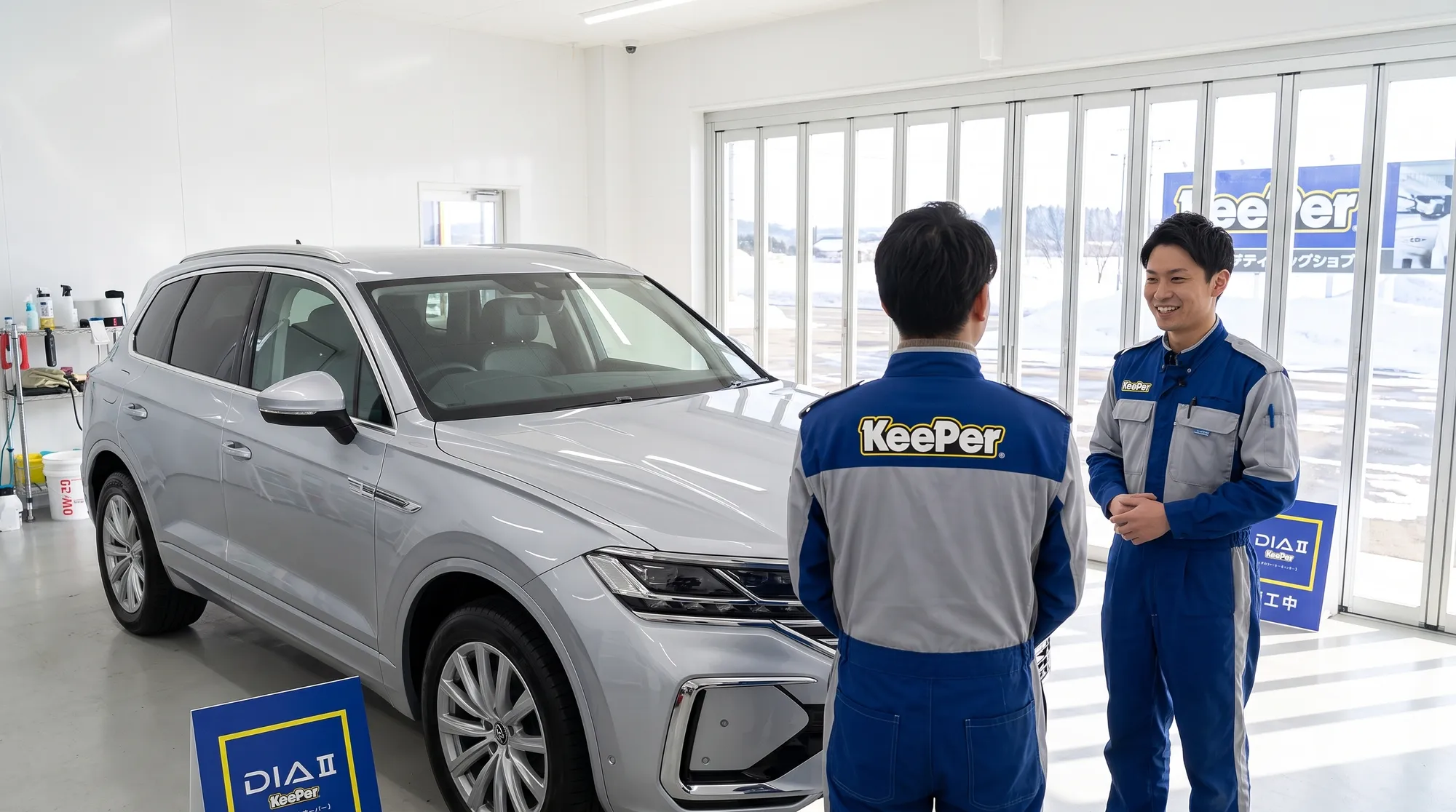 輝きを放つシルバーのSUVを前に、ユニフォーム姿のスタッフが車のオーナーと笑顔で会話をしているシーン。澄んだ自然光が差し込む明るい施工ブースでの様子です。