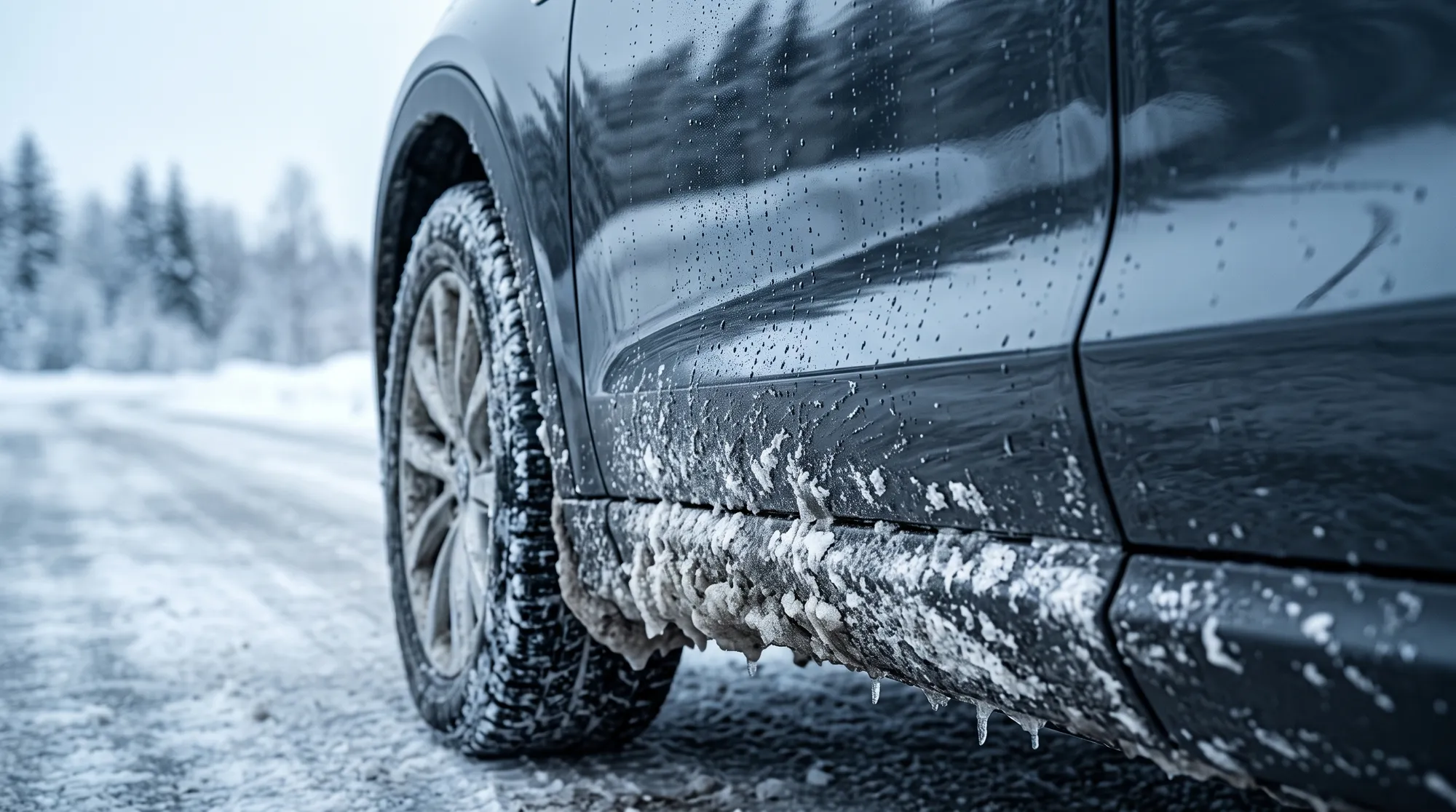 車のドア下部やタイヤ周辺に付着した白い融雪剤の汚れと氷の結晶のクローズアップ。汚れを弾いて美しい艶を保つコーティングされたボディ塗装面の様子。