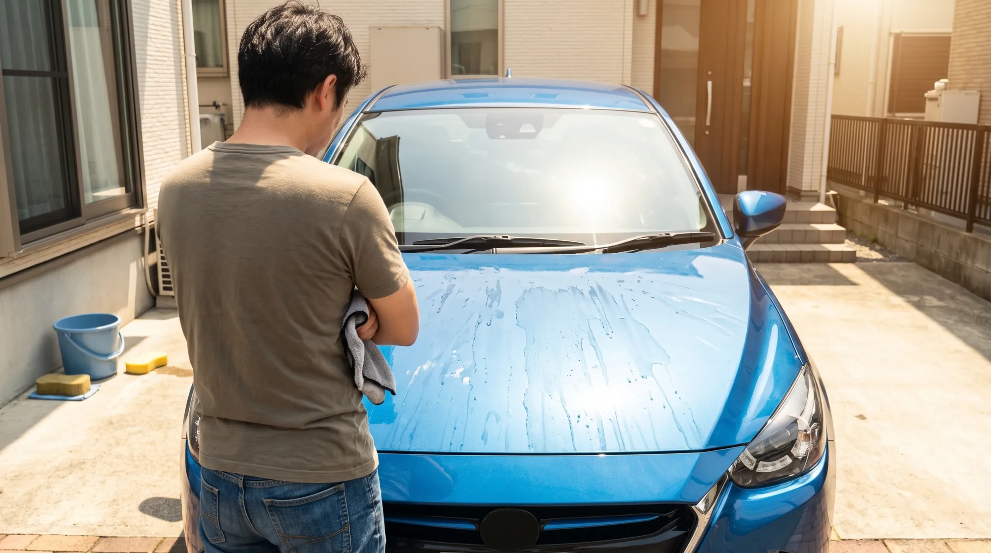 強い直射日光が当たる屋外駐車場で、青い車のボンネットに残ってしまった拭きムラや水ジミを見つめながら、クロスを手に腕を組んで悩んでいる男性の後ろ姿。