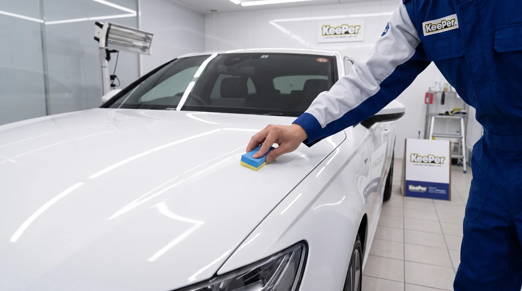 密閉された屋内の専用コーティングブースで、純白の車の塗装面にプロの技術者が専用スポンジで丁寧にコーティング剤を塗り込んでいる手元のクローズアップ。