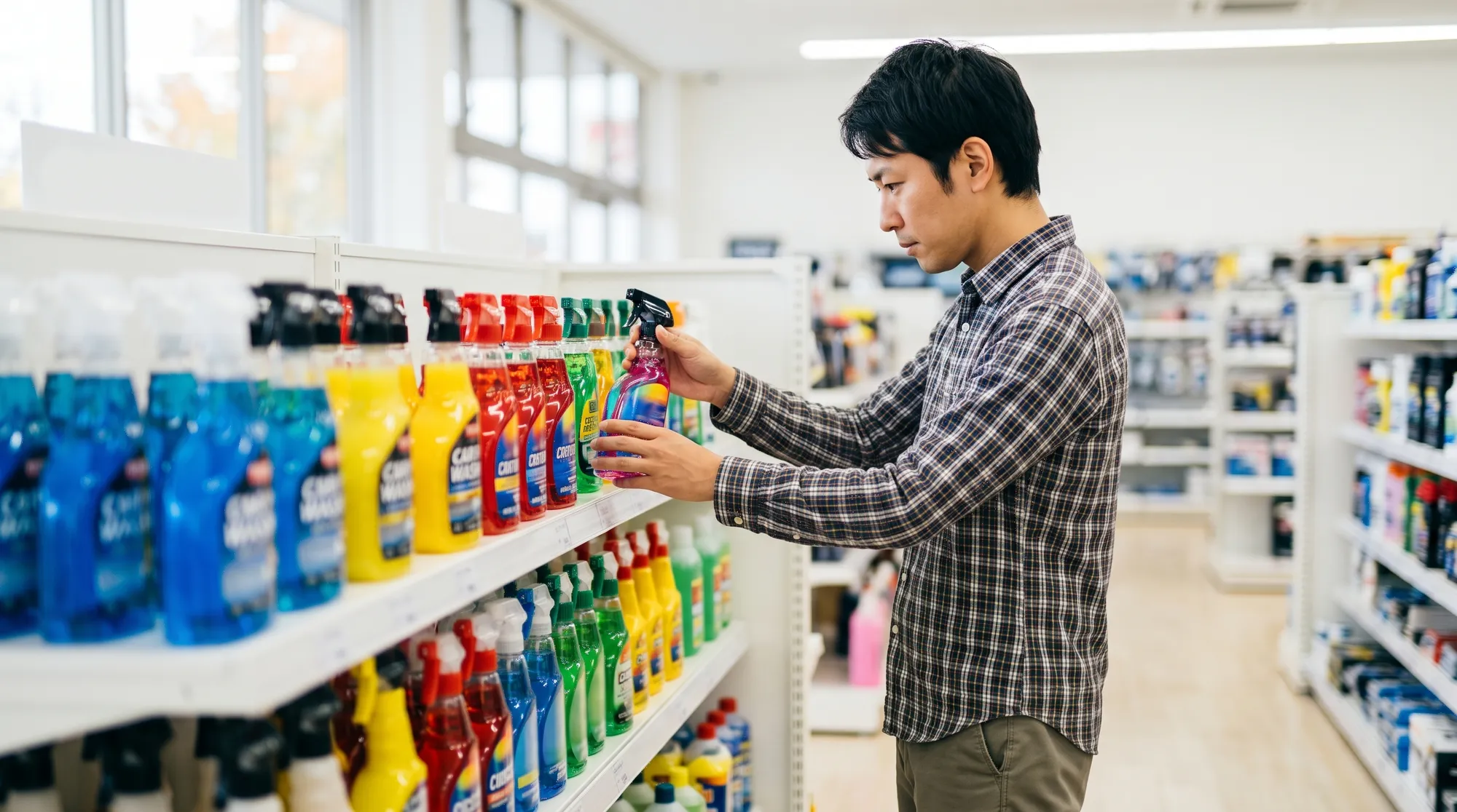 明るく清潔なカー用品店の店内で、陳列棚にずらりと並んだ色とりどりの洗車やコーティング用スプレーボトルを手に取り、熱心に見比べて選んでいる男性客の様子。