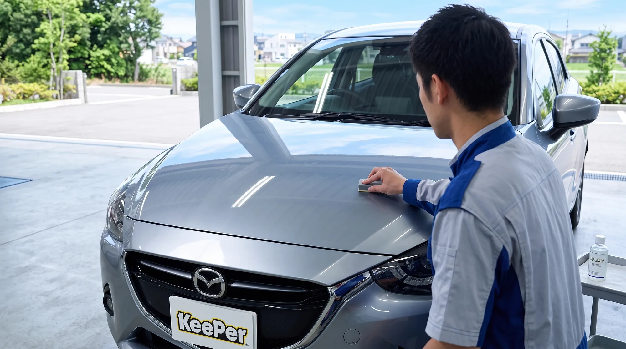 夏前の熱対策としてカーコーティングが施された車の様子。明るい自然光の下、美しく仕上げられたボディ表面に爽やかな青空と街並みが鮮やかに映り込んでいるワンシーン。