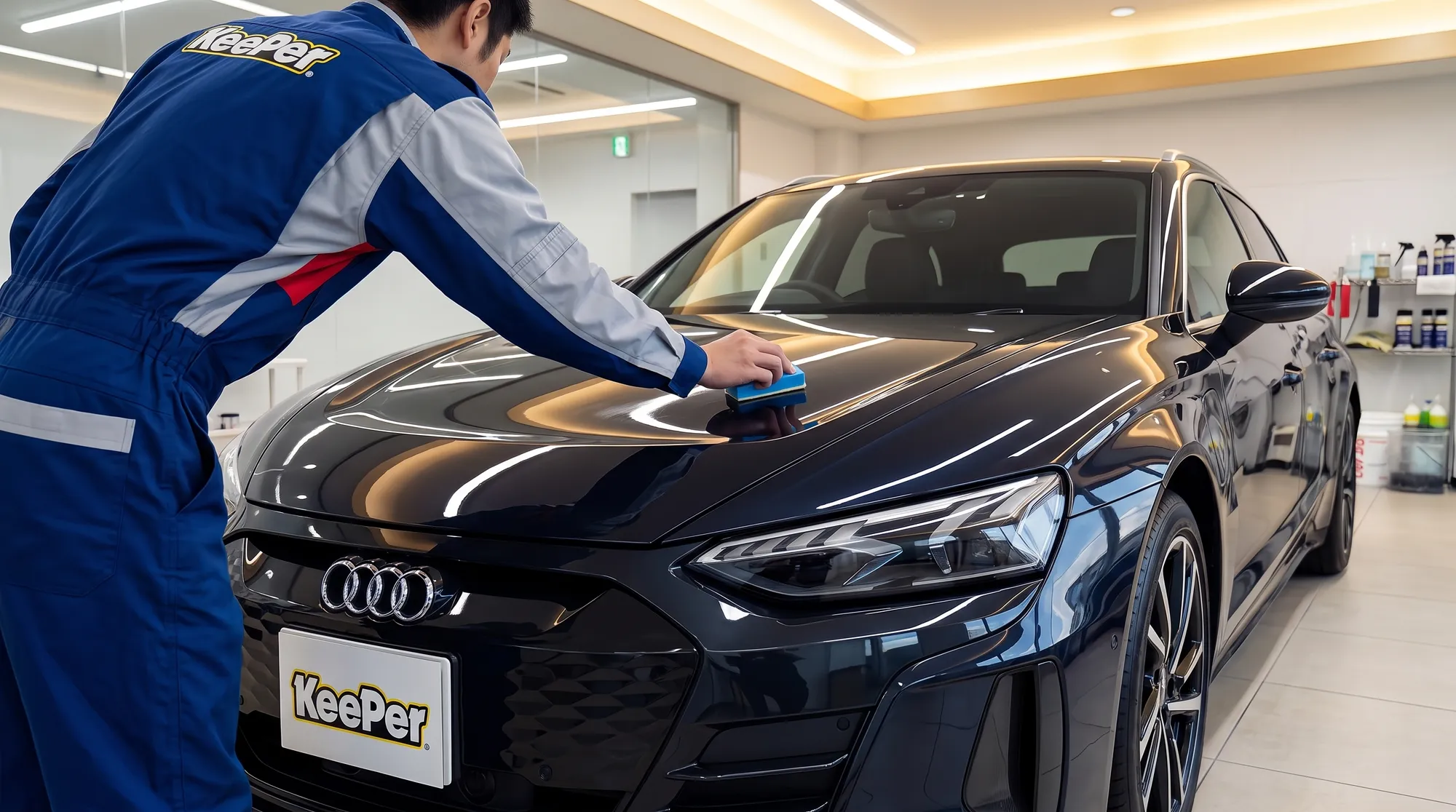 夏の熱対策としてカーコーティングが施され、艶やかに仕上がった車の様子。明るいショールームの照明が磨き上げられた塗装面に美しく反射する、高級感あふれるワンシーン。