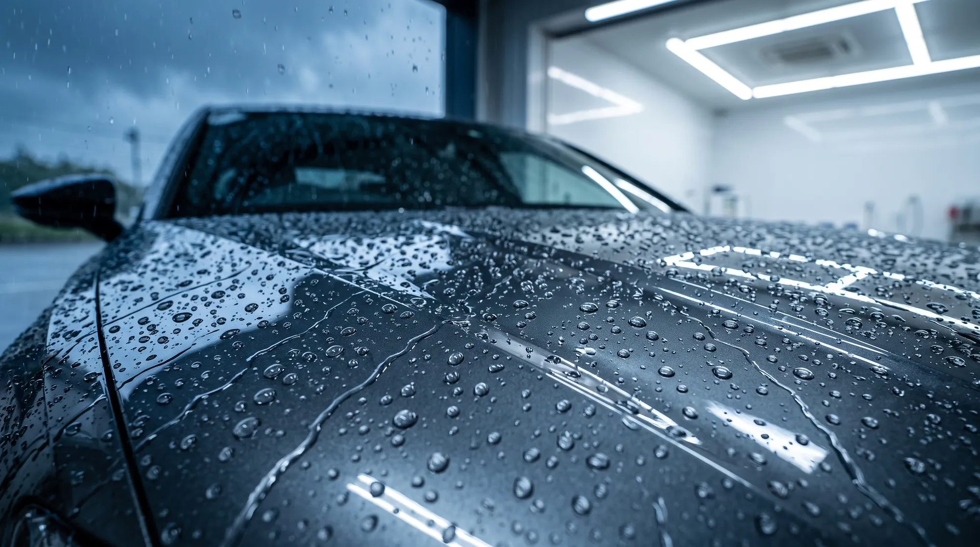 梅雨の空の下、コーティング施工済みの車のボンネットで雨粒が美しく球体となって弾く様子。背景には明るく清潔なピットのLED照明が対照的に写り込んでいます。