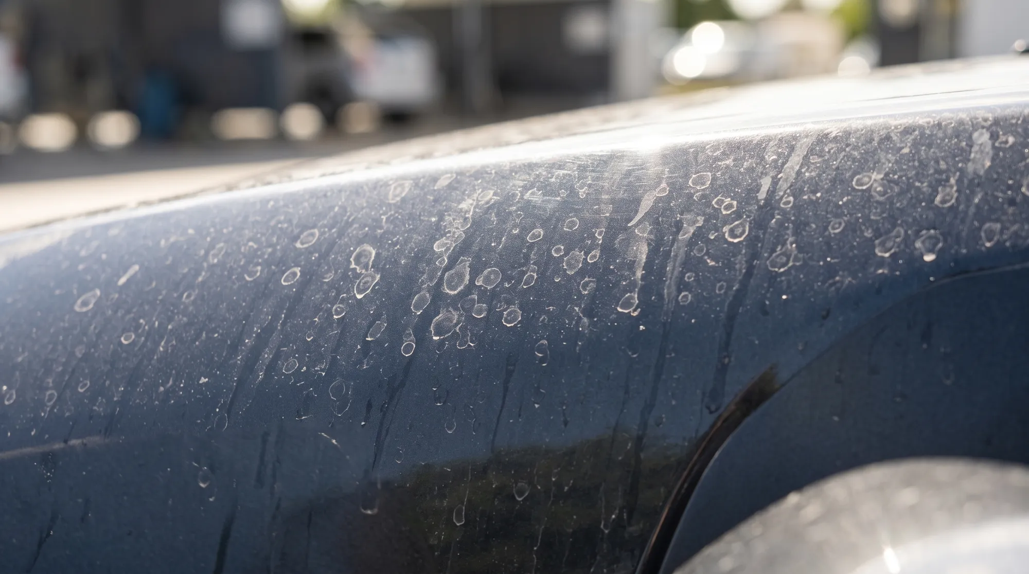 屋外の洗車場を背景に、雨上がりの直射日光を浴びた車のボディ表面へ微細なウォータースポットや雨染みが付着している様子を至近距離で捉えたクローズアップ。
