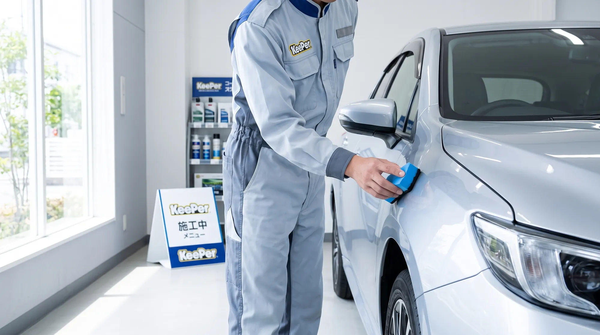 初夏の自然光が差し込む明るい屋内ブースで、プロの施工スタッフが専用のスポンジを使い、車のボディへ丁寧にコーティング剤を塗布している様子。