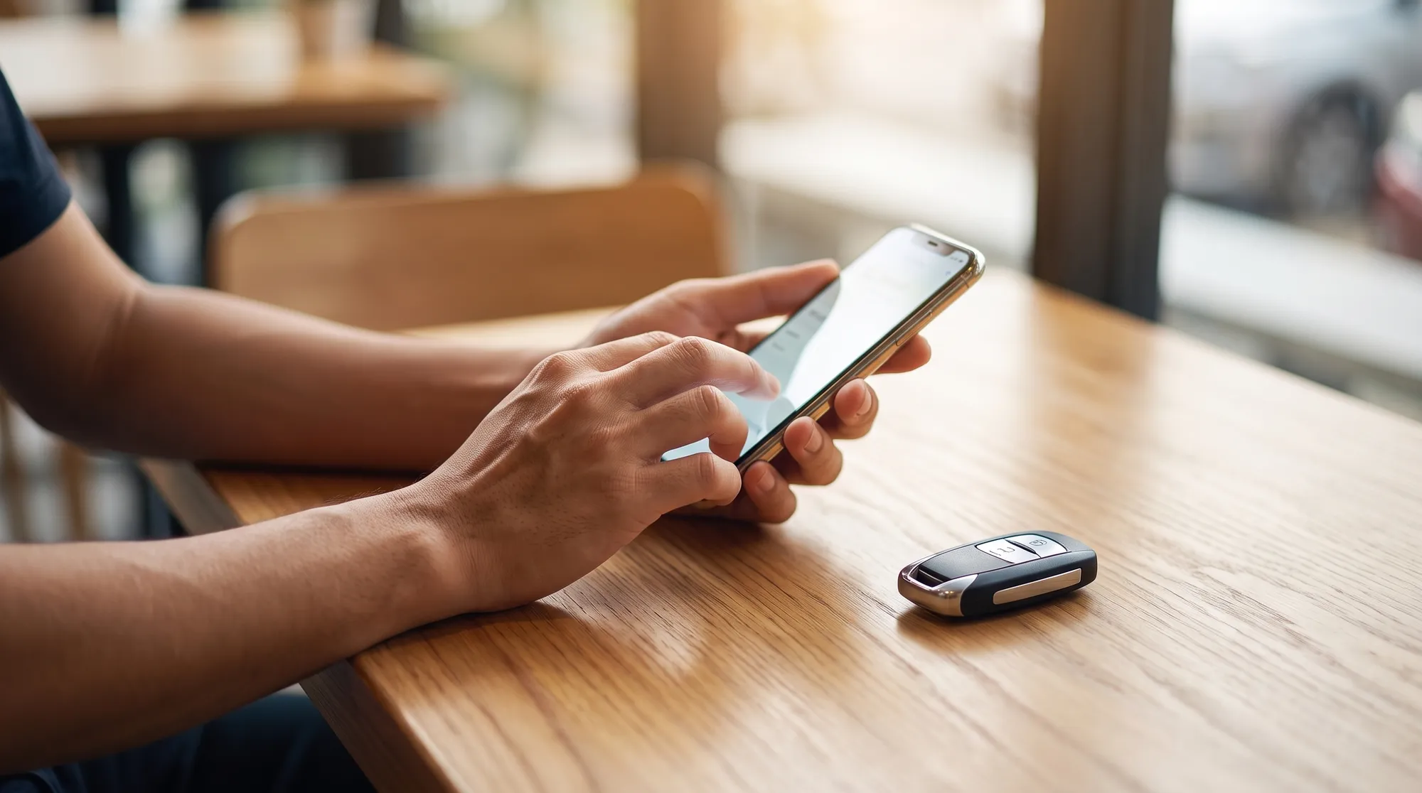 自然光が差し込む明るい室内で、車のスマートキーの横でスマートフォンを両手で操作する手元のクローズアップ。ウェブサイトから来店予約を行っているお客様の様子。