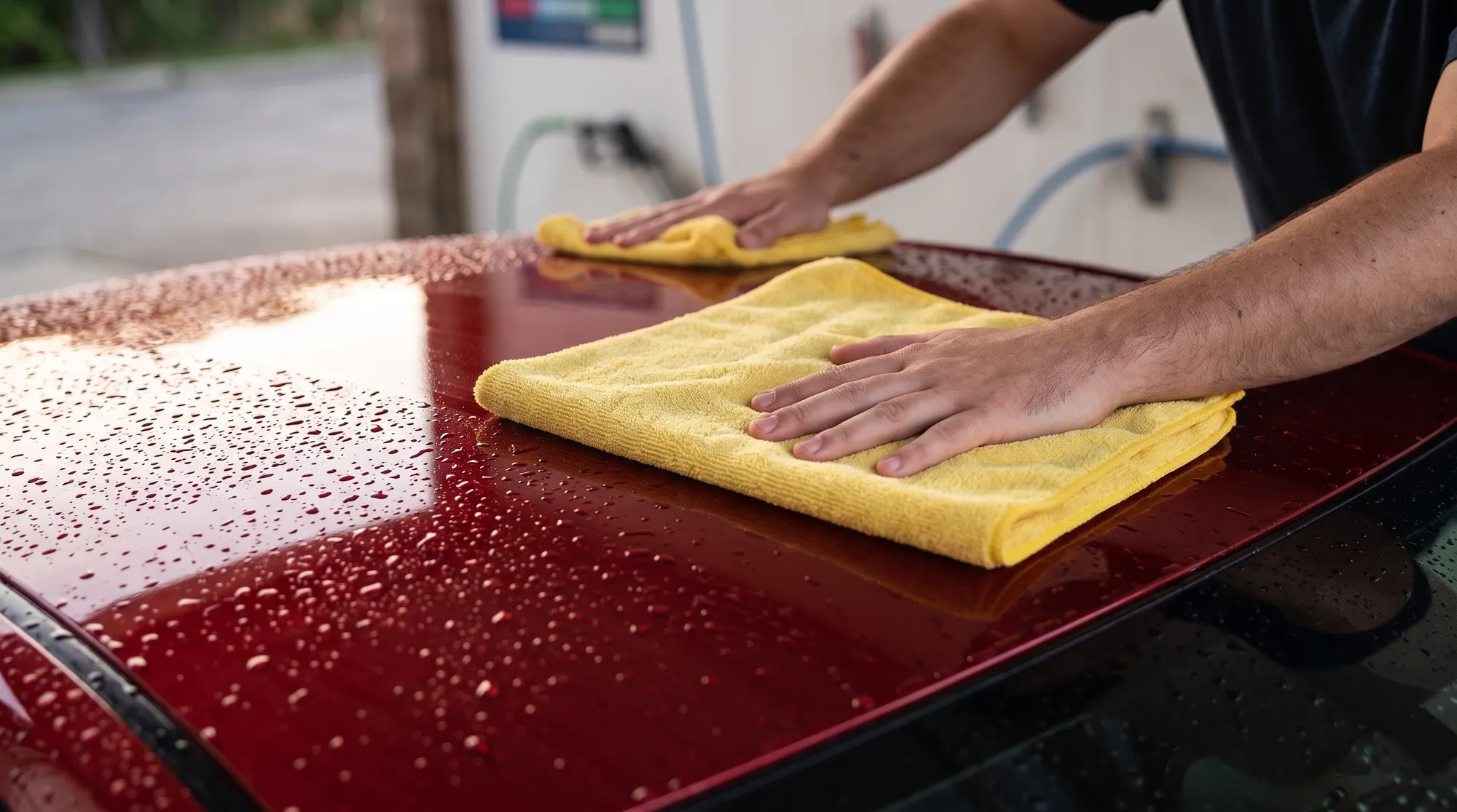 メタリックレッドの車のルーフに残る水滴を、厚手の黄色いクロスで拭き上げている様子。両手でクロスを広げて手前に引き、水分を優しく吸い取る手元のクローズアップです。