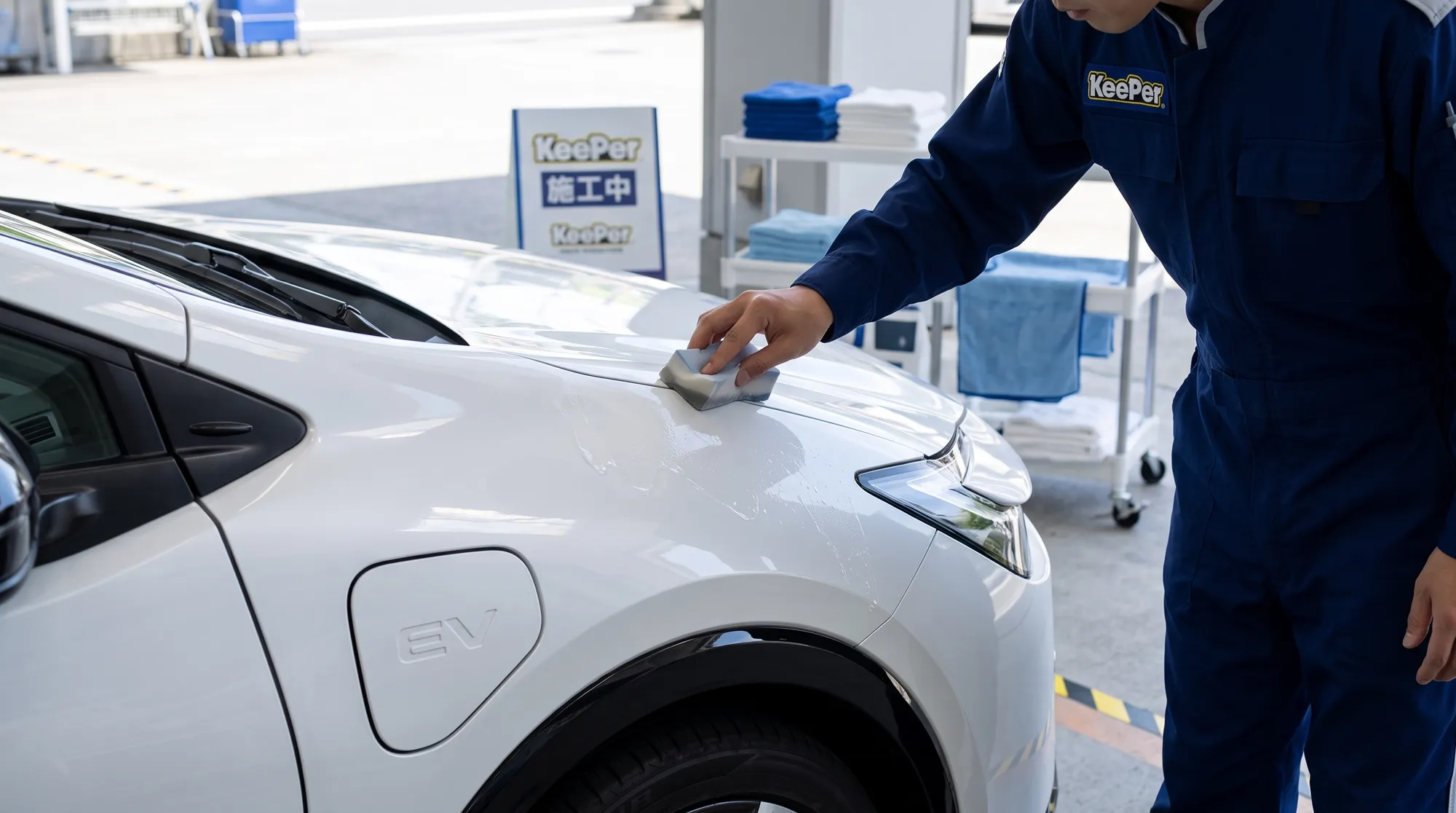 明るい日差しが差し込む施工ブースで、純白の電気自動車のフロントフェンダー付近にスタッフがスポンジで丁寧にコーティング剤を塗り込んでいる手元の様子。
