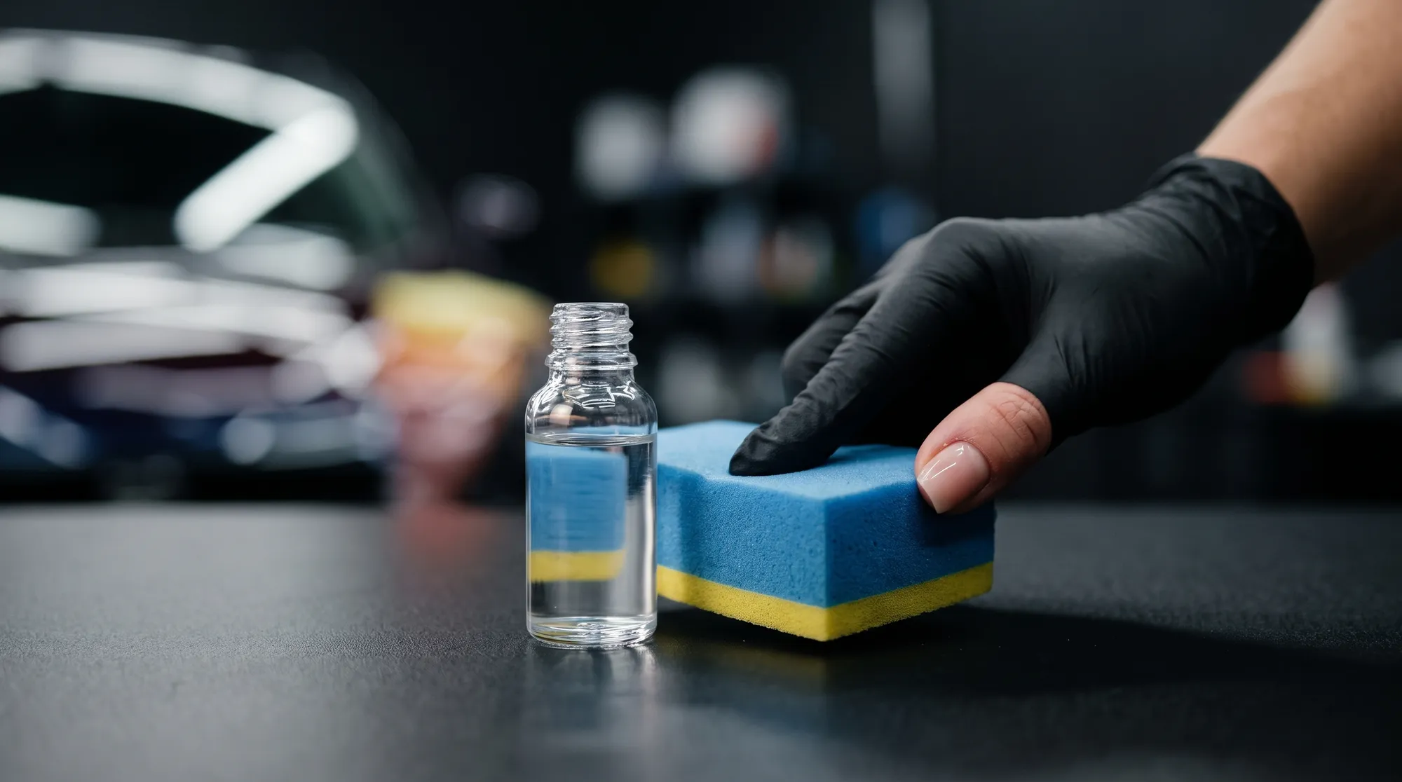 黒い作業台に置かれたコーティング用スポンジと透明な液剤が入ったガラス小瓶のクローズアップ。背景がぼかされ、洗練されたプロフェッショナルな雰囲気を感じさせる様子。