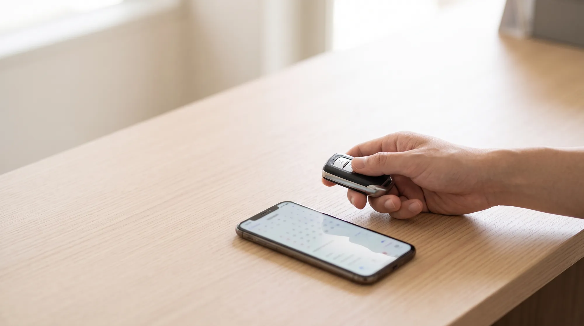 清潔な木目調の受付カウンターに置かれたスマートフォンと、車のスマートキーを持つ客の手元のクローズアップ。窓から差し込む柔らかな自然光が手元を明るく照らす様子。