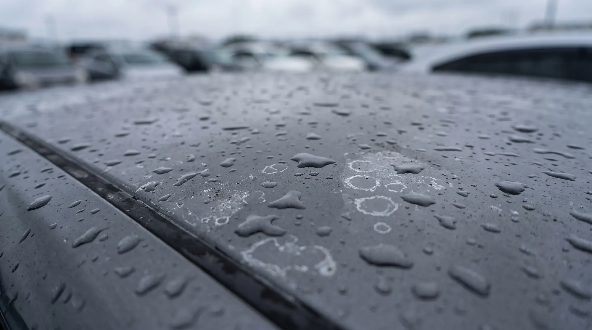 細かい砂埃や雨粒、わずかな水垢が付着している未施工の車のルーフ表面のクローズアップ。曇り空の下で撮影された、塗装へのダメージの始まりを感じさせる様子。