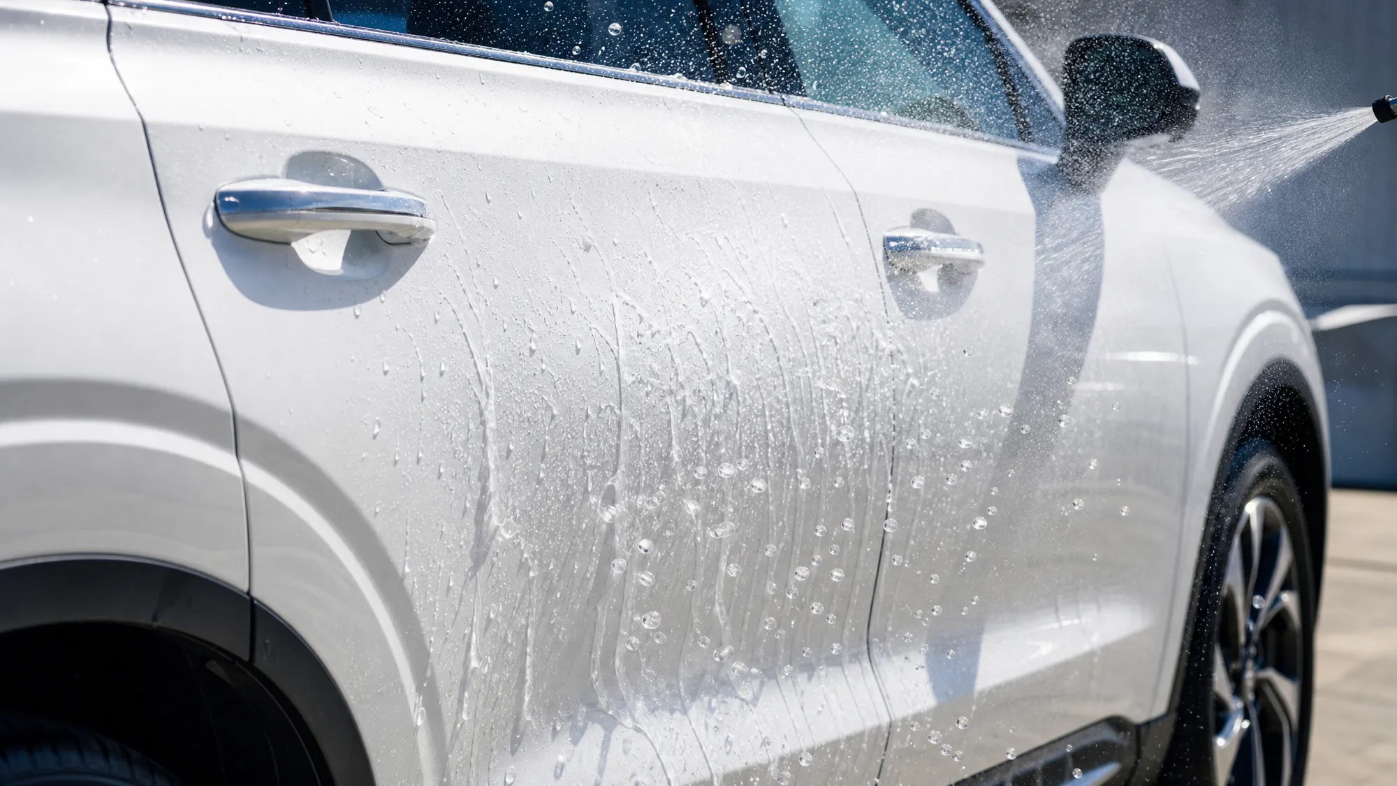 屋外の洗車スペースで白いSUVのドアパネルに水がかけられ、水がシート状に滑り落ちる様子と球体になって勢いよく弾く様子が同時に見える透明感と艶のクローズアップ。