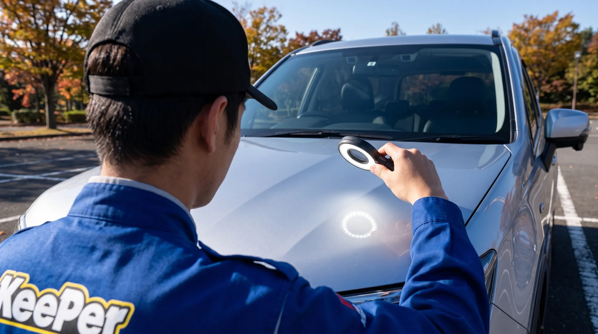 屋外の駐車スペースで、青い制服を着たスタッフがハンディLEDライトを使ってシルバーのSUVのボンネットの塗装状態を細かく確認しているプロの診断シーン。
