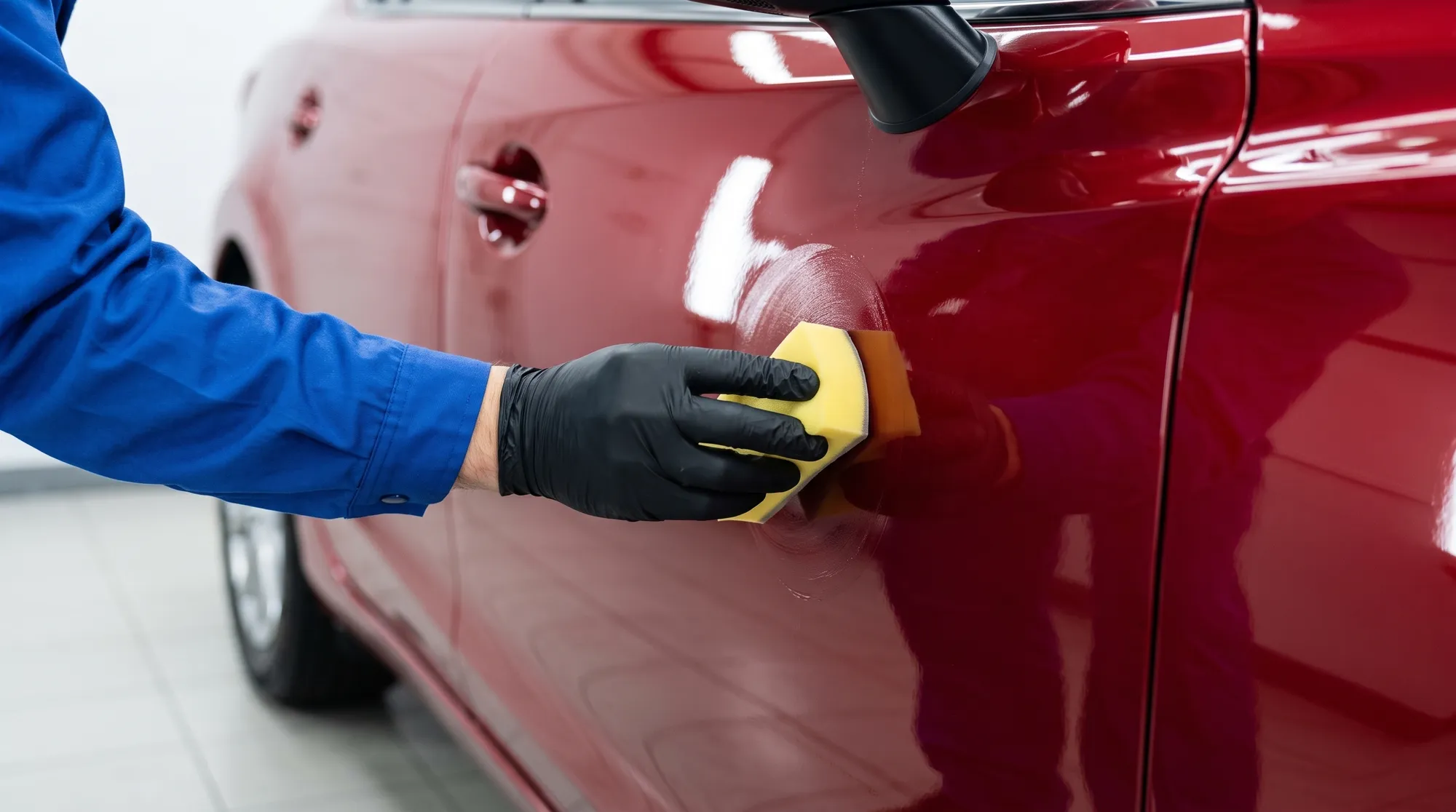 赤い車のドアパネルに専用スポンジでコーティング剤を丁寧に塗り込む手元