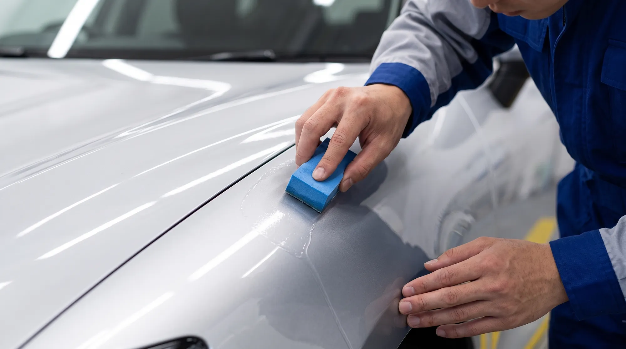 明るいLED照明の下、車のフロントフェンダー部分に専用のコーティングスポンジで丁寧に液剤を塗り込んでいる作業スタッフの手元のクローズアップ。