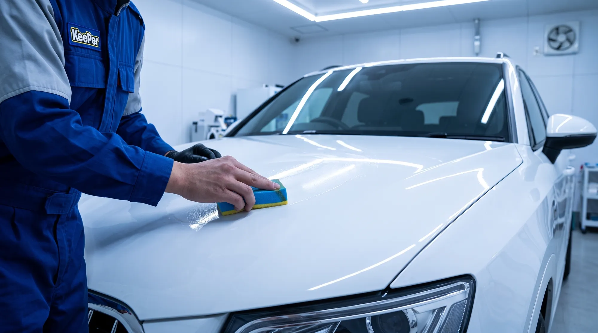 白い車のボンネットに専用スポンジでコーティング剤を丁寧に塗り込むスタッフの手元と、滑らかで艶のある塗装面を捉えた施工ブースでの作業風景のクローズアップ。