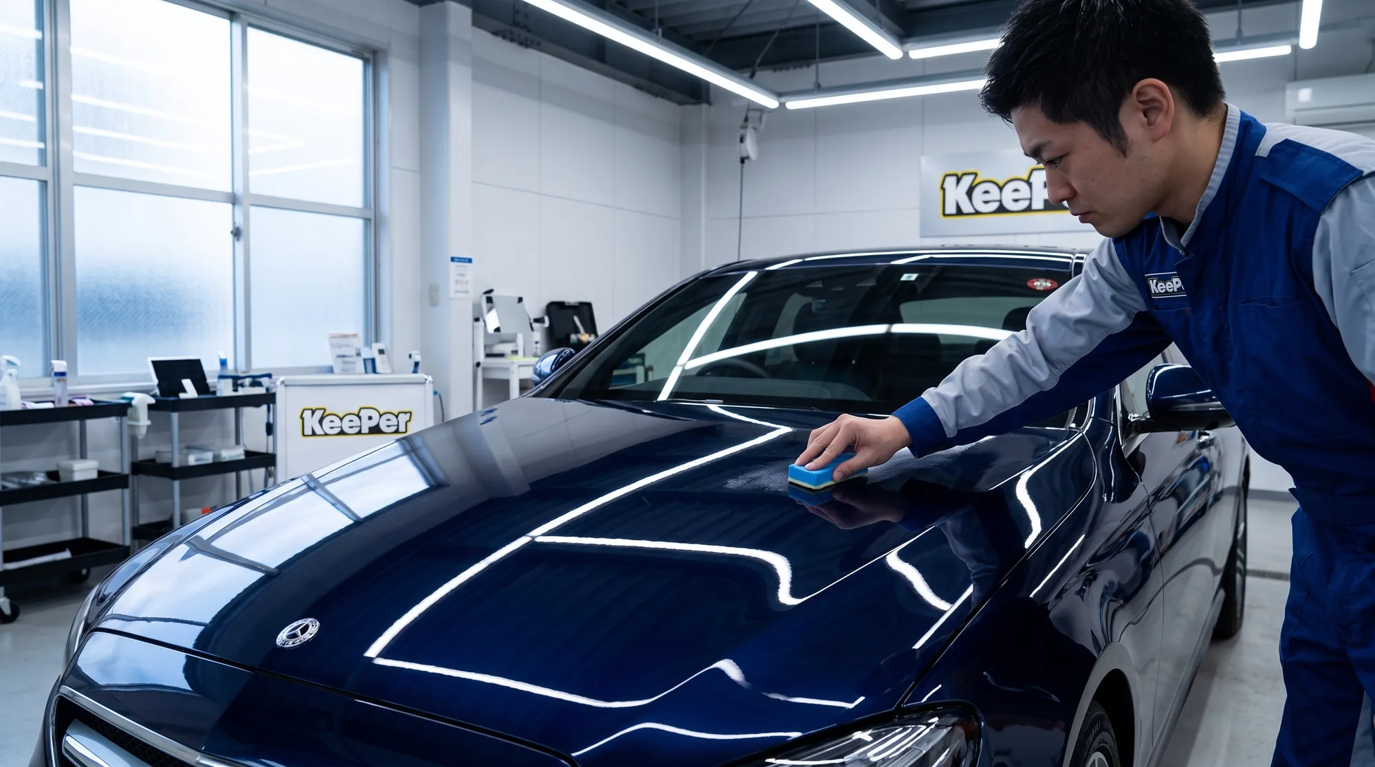屋内の専用ブースで技術者がダークブルーの車にガラスコーティング剤を塗り広げている様子。照明が反射し、特有のシャープな輝きと鏡のような質感が際立っています。