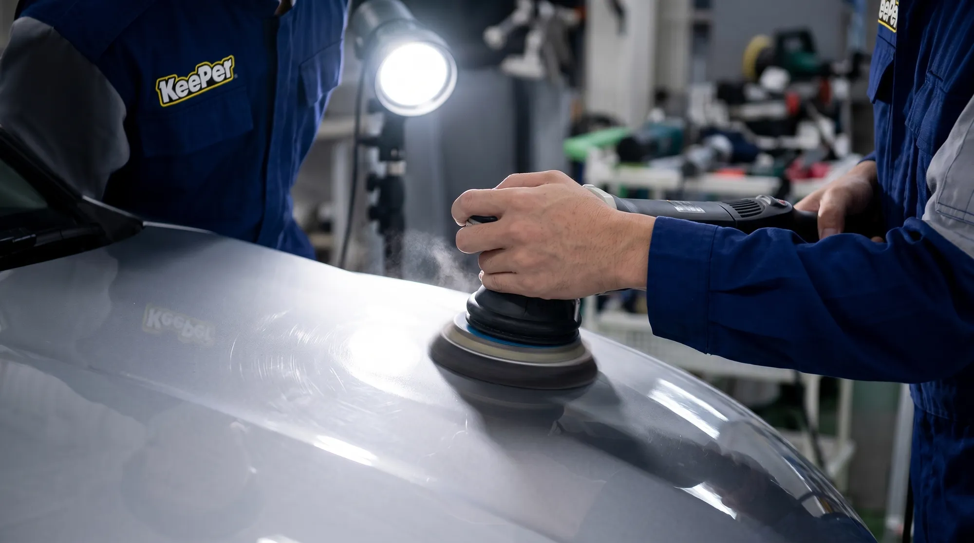 プロの施工スタッフが専用のポリッシャーで車のボディを丁寧に磨き上げている作業風景。美しく照らし出された塗装面と、確かな技術を感じさせる手元のクローズアップ。