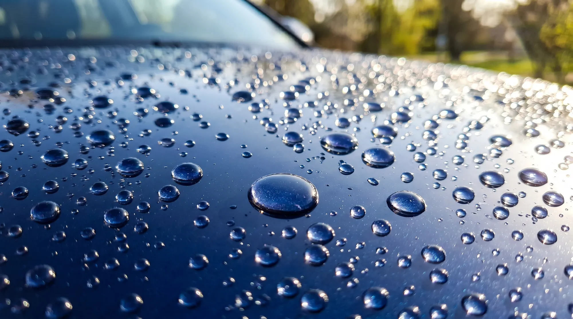 深いネイビーブルーの車のボンネットを、太陽光を反射して輝く水滴が滑り落ちる様子。コーティングによる圧倒的な撥水効果と水弾きの良さを鮮明に捉えたクローズアップ。