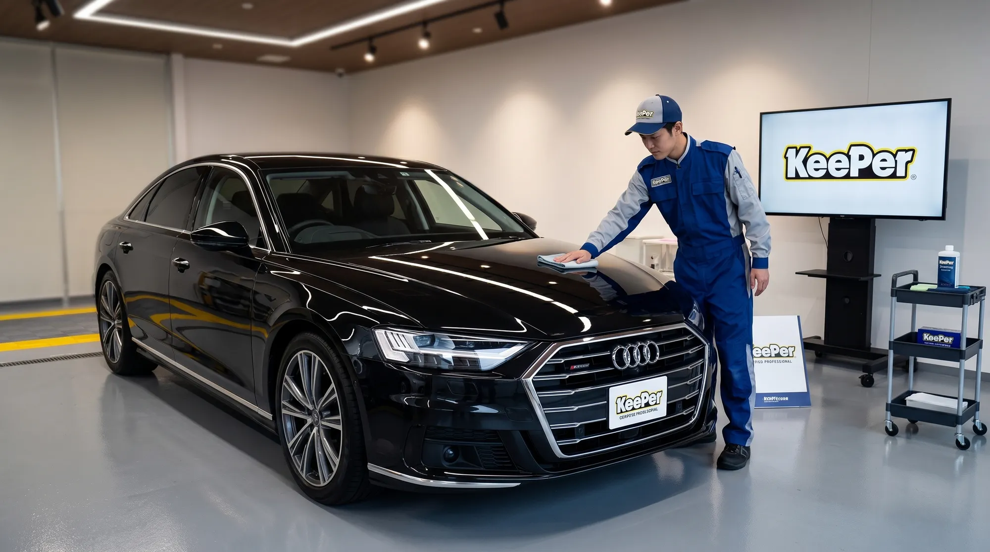 プロのカーコーティング施工によって艶やかに仕上がった車の様子。磨き上げられた塗装面に照明の光が美しく映り込む、落ち着いた高級感のある仕上がりを描写しています。
