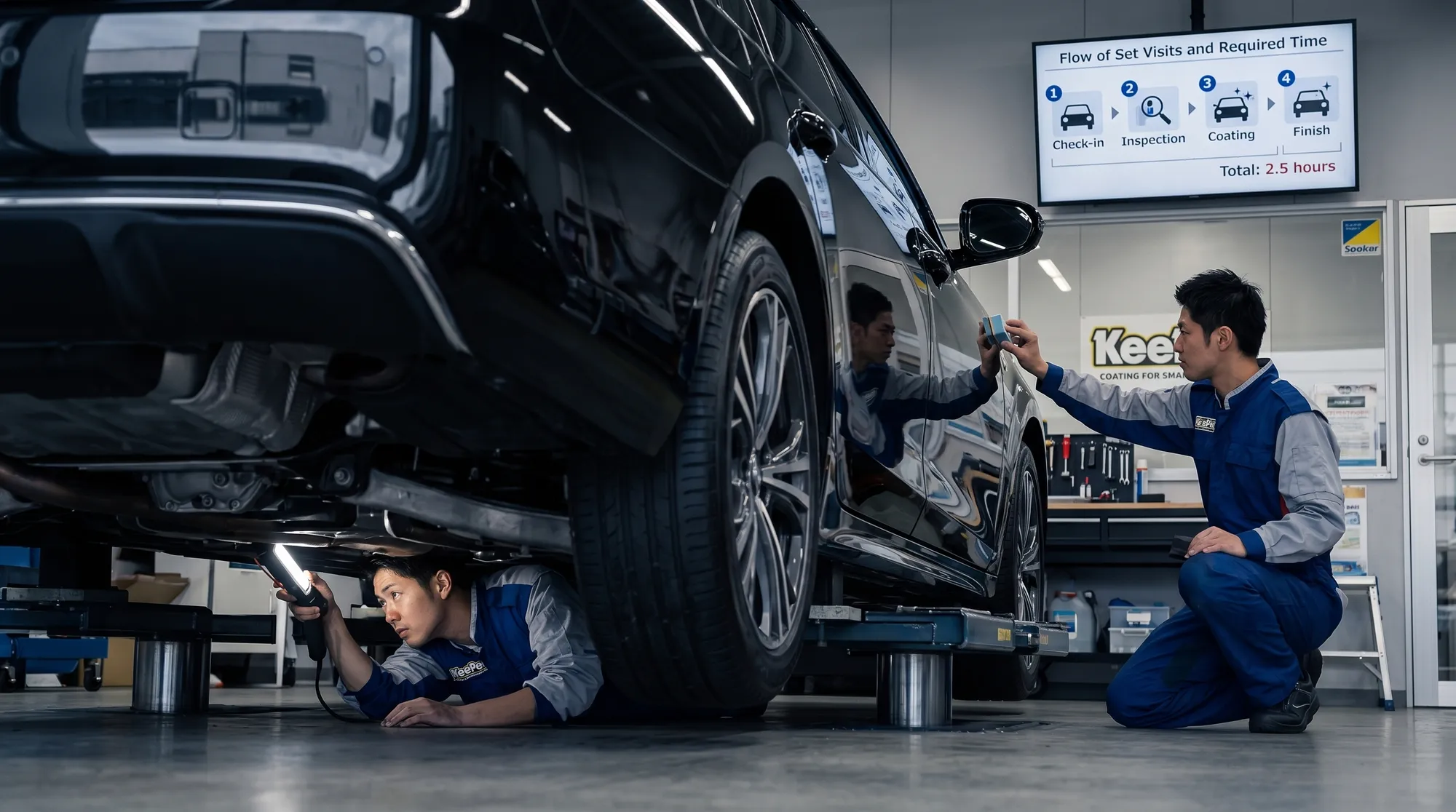 車のメンテナンスやコーティング施工をローアングルから捉えたシーン。艶のある黒系のボディに周囲の景色が反射するディテールを、重厚で締まった色味で描写しています。