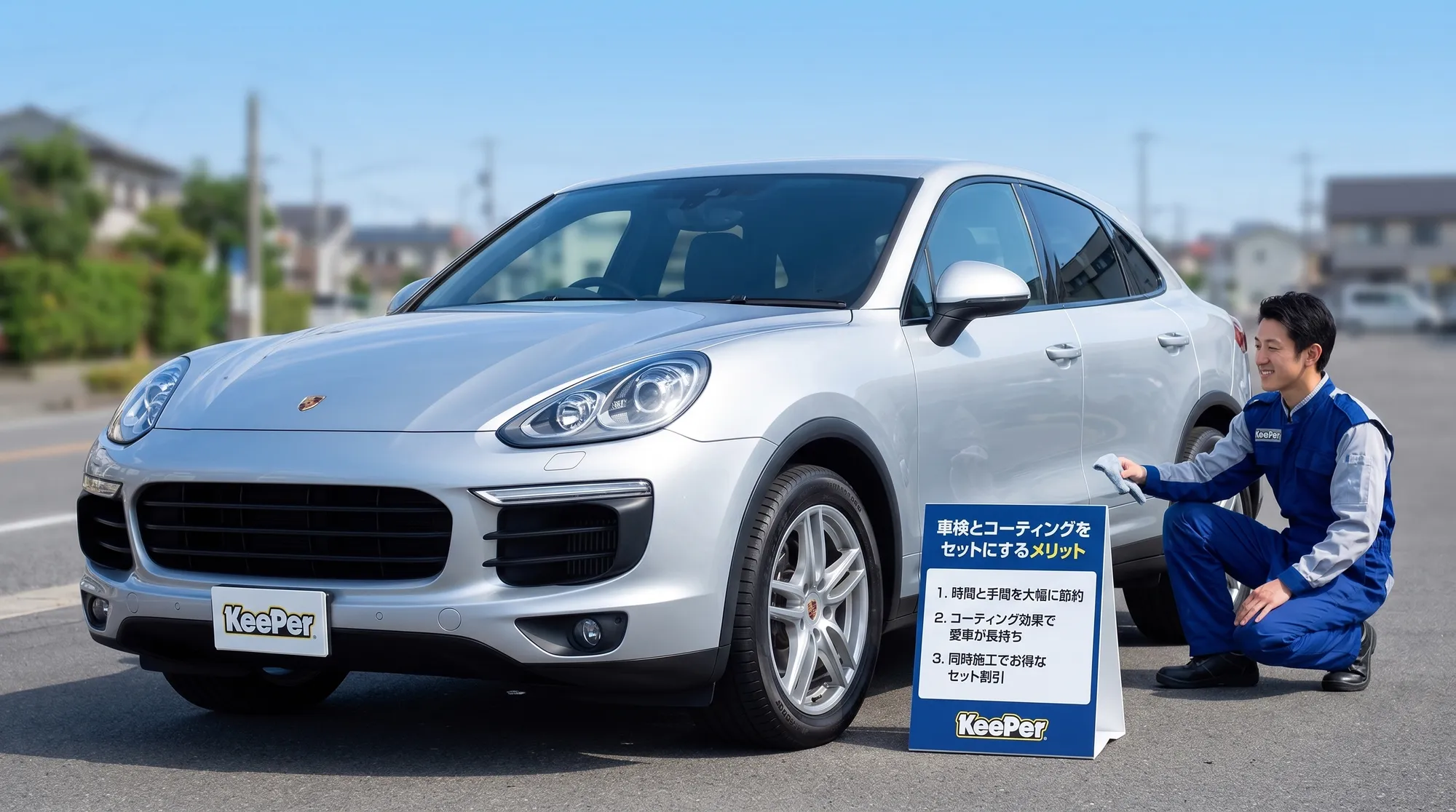 メンテナンス施工後の車が屋外の自然光に照らされている様子。磨き上げられたボディに青空や街並みが鮮明に映り込む、爽やかで明るい色味のシーンを描写しています。