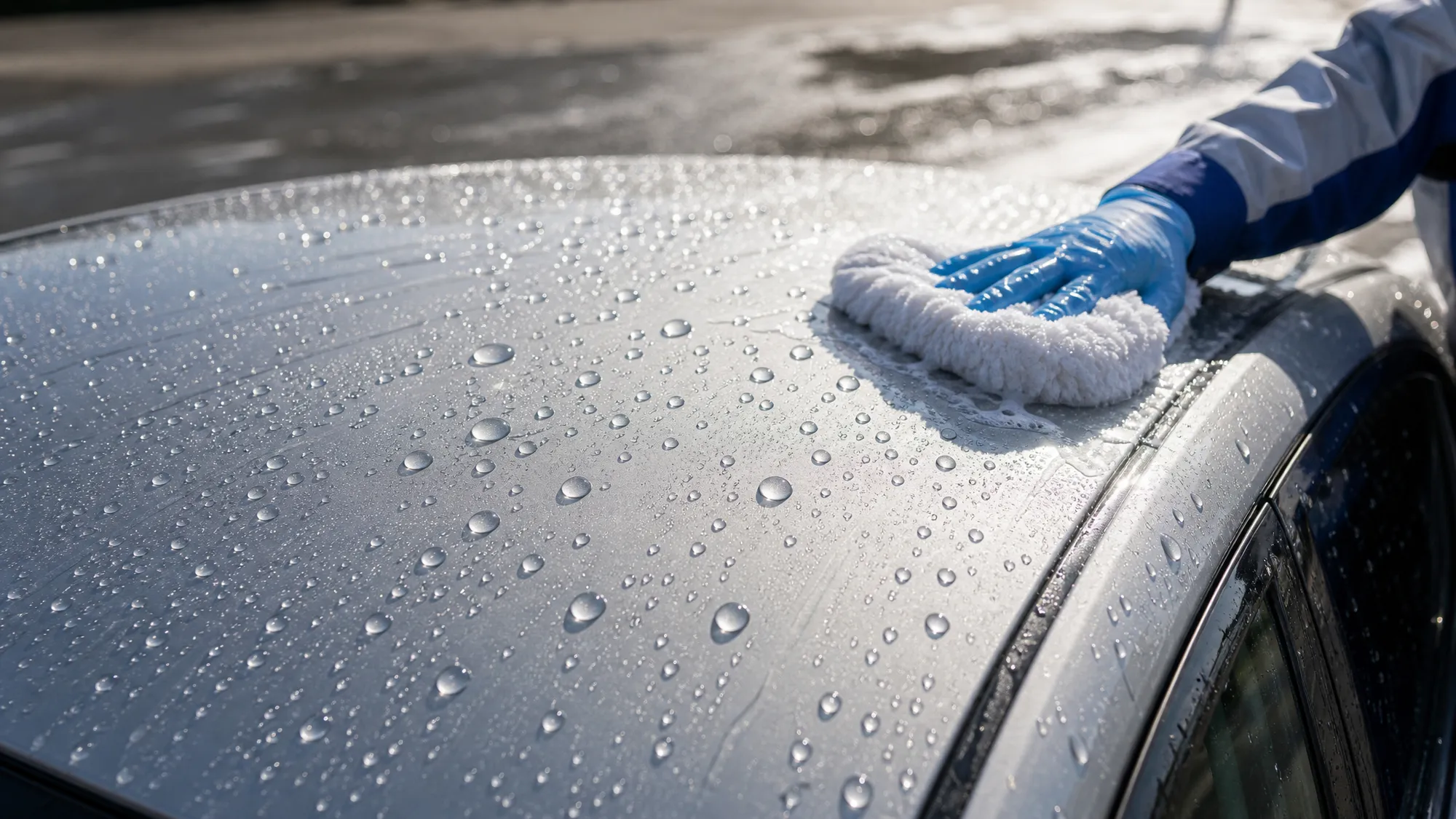屋外での水洗い時、シルバーの車のルーフで丸い水滴が弾かれている様子