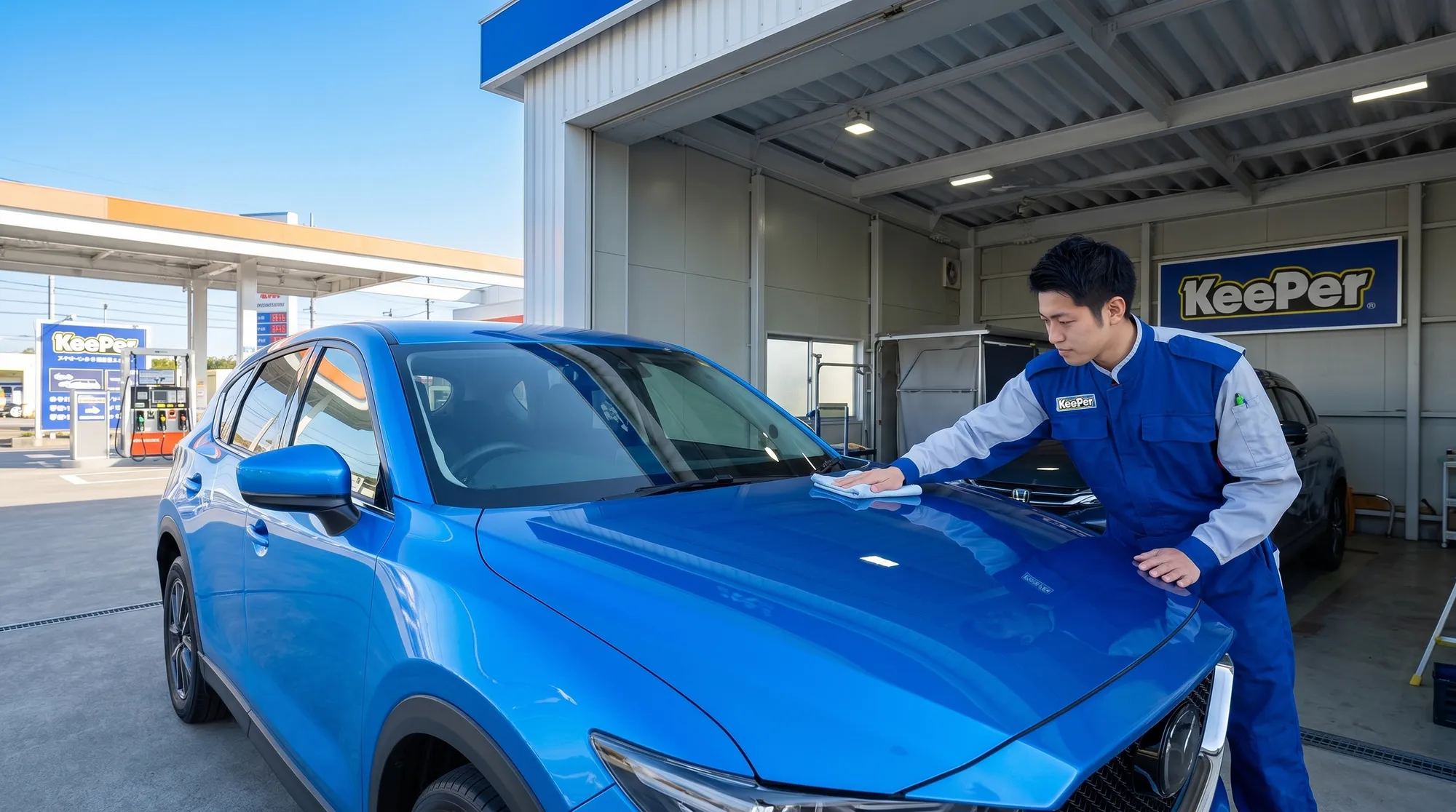 爽やかな青空の下、ガソリンスタンドに併設された屋根付きブースで、制服姿のスタッフが鮮やかなブルーのSUVを専用クロスで丁寧に磨き上げている様子。
