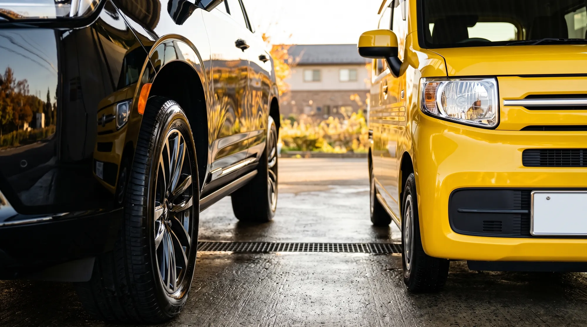 黒い大型SUVの光沢あるタイヤホイールと、隣の黄色い軽自動車のフロントバンパーが並ぶクローズアップ。低いアングルからボディの美しい艶と風景の反射を捉えています。