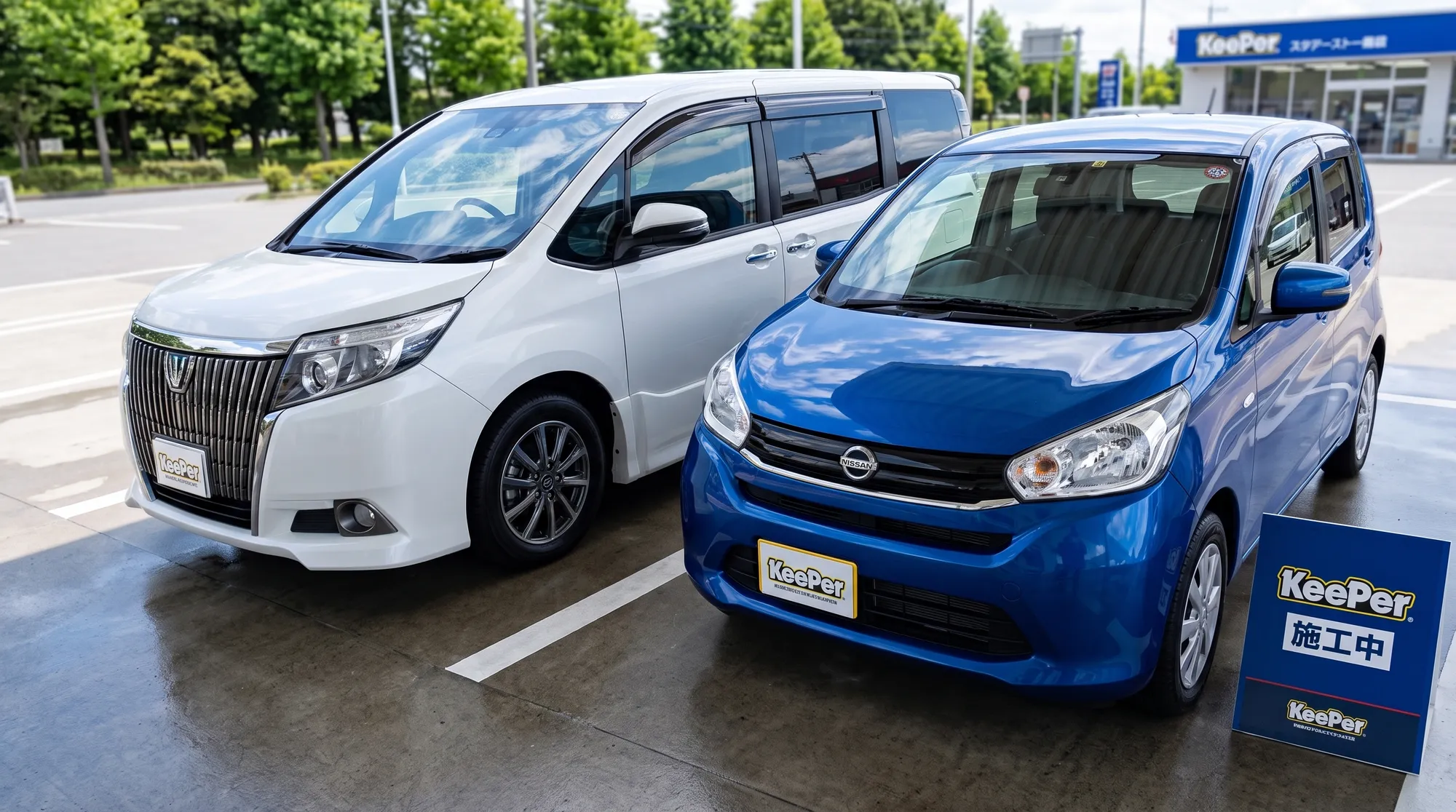 屋外の駐車スペースに並んで停まっている、コーティングされた白いミニバンと青いコンパクトカーの様子。ピカピカのボンネットには青空と白い雲が美しく反射しています。