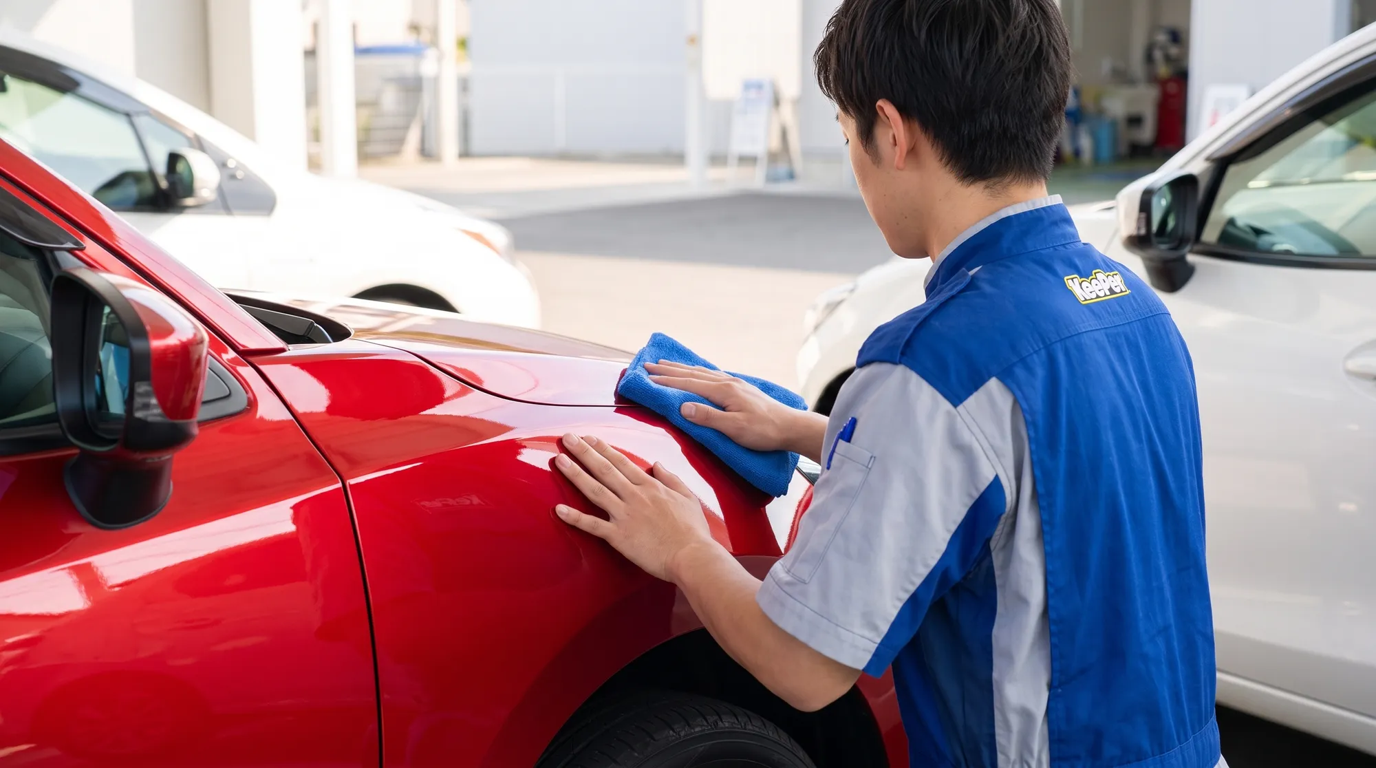 屋外の施工スペースで、スタッフが青いクロスを使って赤い車のボディを丁寧に拭き上げている様子。すぐ隣には白い車の一部が見え、複数台の作業風景が伝わる一枚です。
