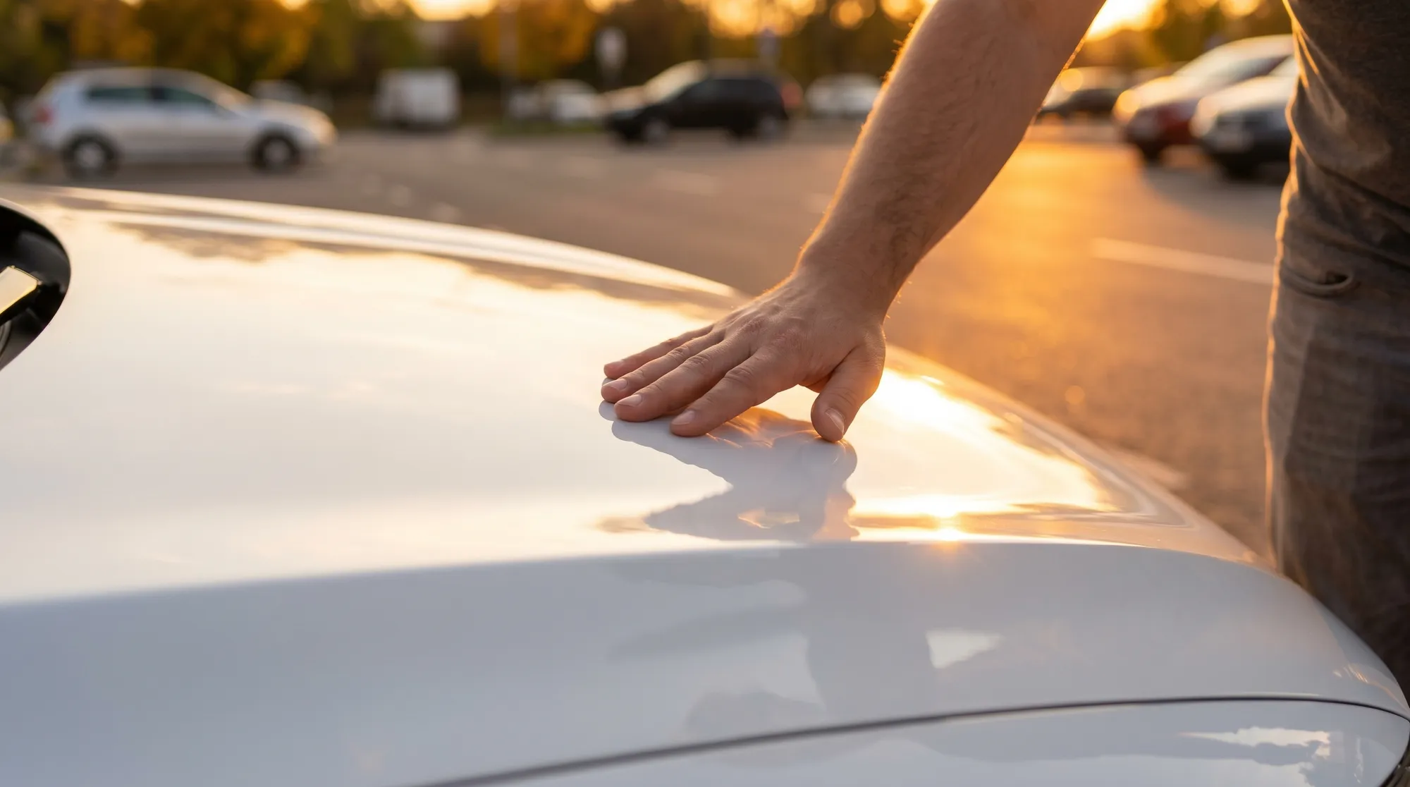 夕暮れ時の屋外駐車場で、車のオーナーが白いボンネットを優しく手でなでて、コーティング後の滑らかな質感を確かめている手元と美しい曲線を強調したクローズアップ。