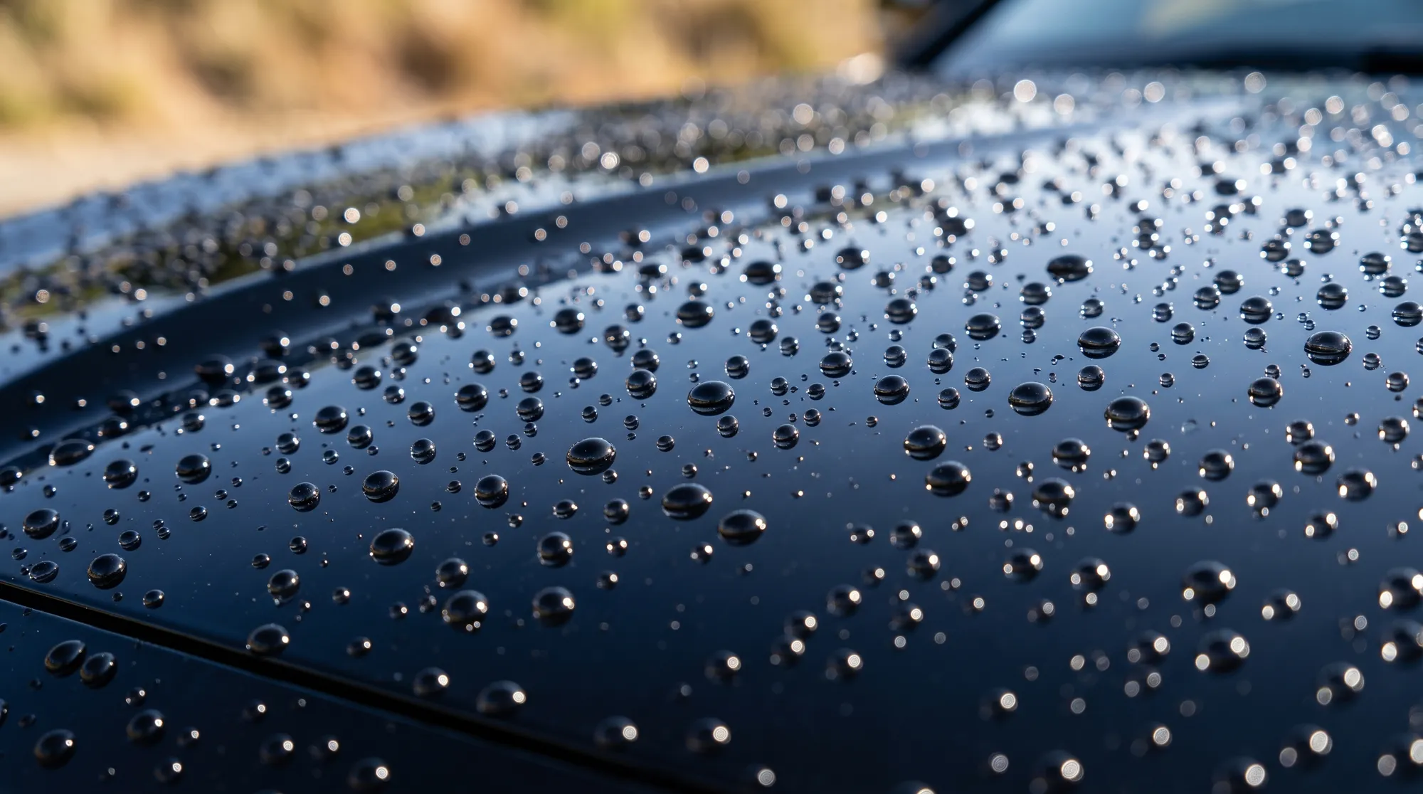 コーティング施工直後の撥水効果を示す、車のボンネット表面のクローズアップ。ブラックのボディに真ん丸な水滴が多数形成され、日差しを反射して輝いている様子です。
