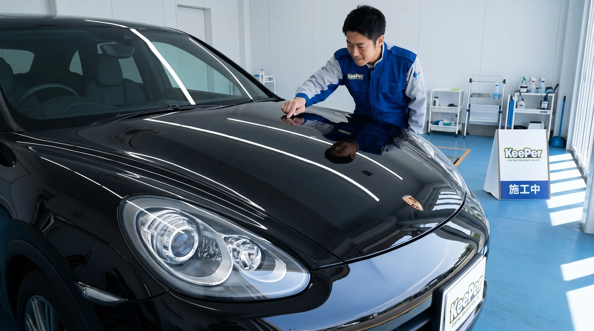 自然光が差し込むピットで、鏡のように輝く車のボディをスタッフが指差し確認している様子。ボンネットの圧倒的な艶とプロの丁寧な仕事ぶりが伝わる爽やかなシーン。