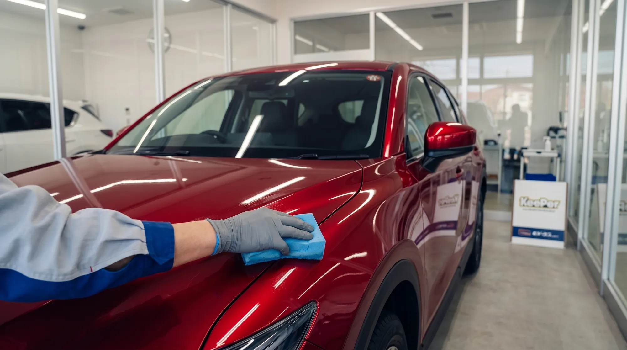 深みのある赤い車のボディに専用スポンジでコーティング剤を塗り込んでいるスタッフの手元クローズアップ。ピカピカに蘇った滑らかなボディラインが際立つ美しいシーン。