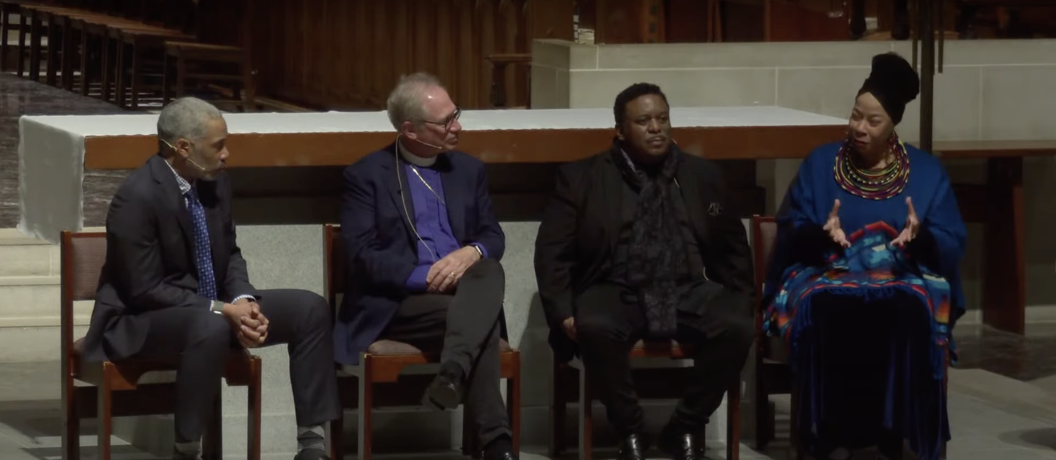 NorcalMLK executive director, Aaron Grizzell (left) moderates the 2023 King & Faith Forum at Grace Cathedral with Rt. Rev. Dr. Marc Handley Andrus (2nd lt), bishop of the Episcopal Diocese of California, Dr. Raymond C. Carr (2nd rt), professor of systematic theology and director of the Codex Charles Long Archive at Harvard University, and dr. Tracey E. Hucks, the Victor S. Thomas Professor of Africana Religious Studies at Harvard Divinity School and the Suzanne Young Murray Professor at Radcliffe Institute for Advanced Study. Image capture courtesy of Grace Cathedral.