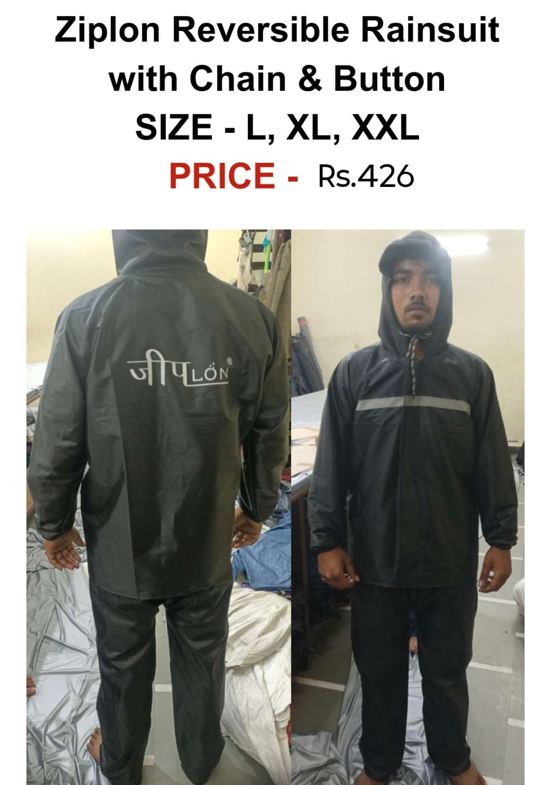 Ziplon Reversible Raincoat With Chain and Button