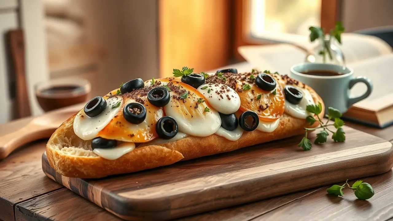 Spicy Topped French Bread with Black Olives and Mozzarella