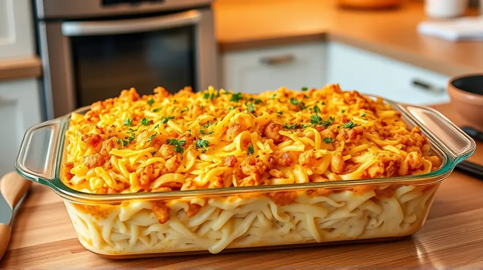 Chicken Noodle Bake with Fried Onion Crust