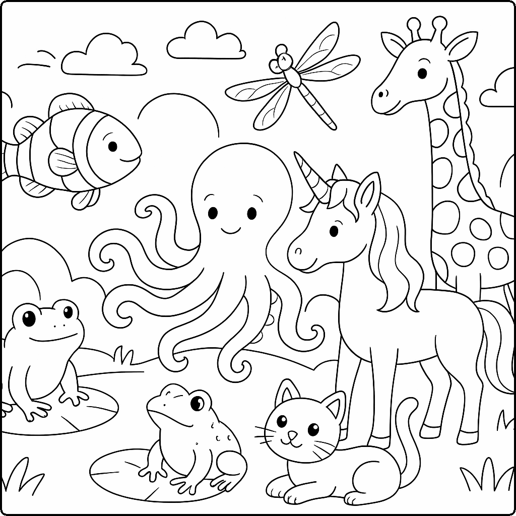 cat, clown fish, dragonfly, fish, frog, giraffe, hippopotamus, octopus, toad, unicorn