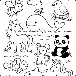 bee, clown fish, horse, mouse, panda, pegasus, robin, shark, unicorn, whale