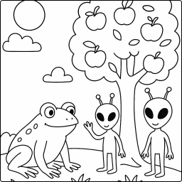 aliens, apple tree, frog