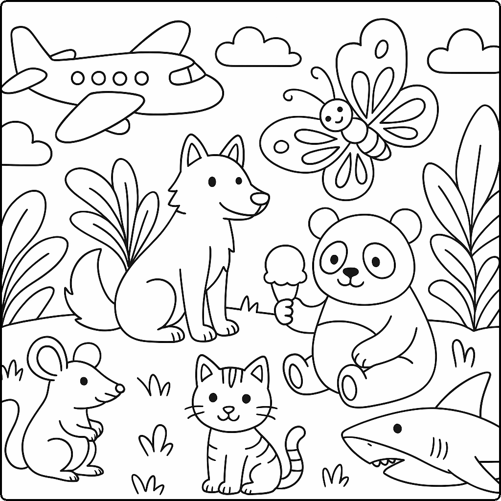 butterfly, cat, ice cream, mouse, panda, plane, shark, wolf