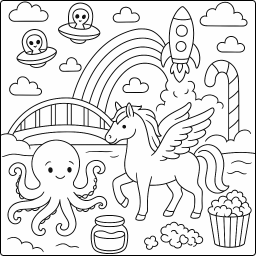 aliens, bridge, candycane, honey, octopus, pegasus, popcorn, rainbow, rocket