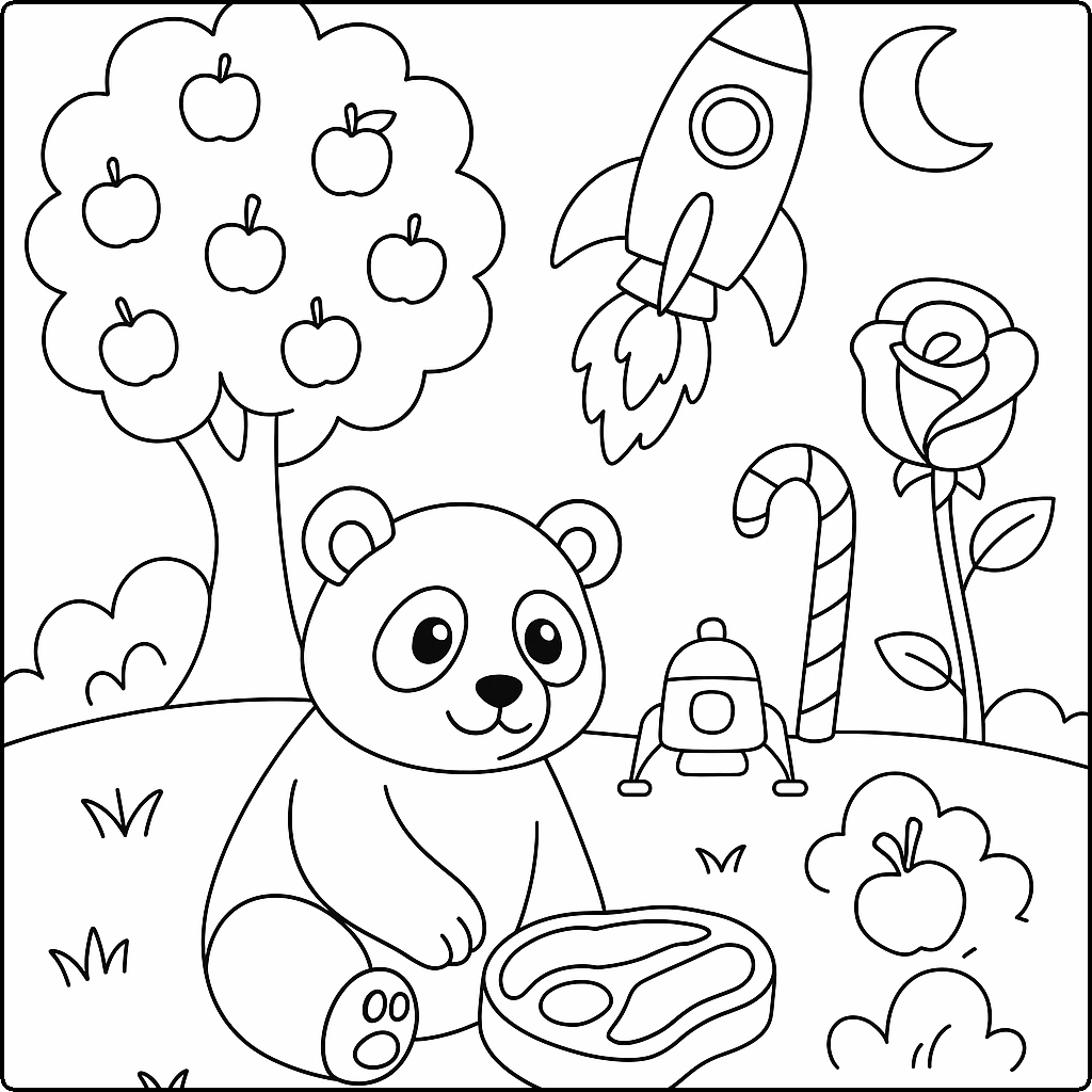 apple tree, candycane, magical rose, moon lander, panda, rocket, steak