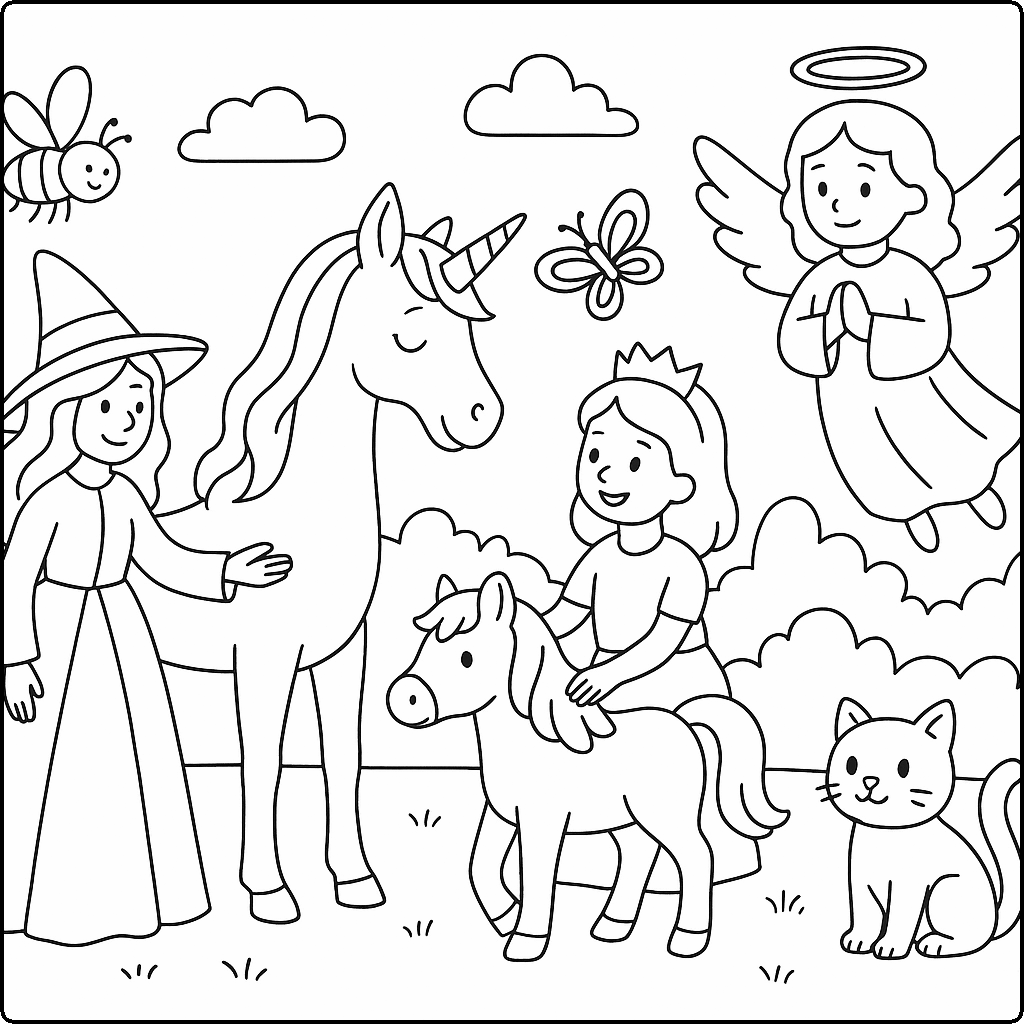 angel, bee, butterfly, cat, gingerbread man, horse, pony, princess, unicorn, witch