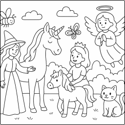 angel, bee, butterfly, cat, gingerbread man, horse, pony, princess, unicorn, witch